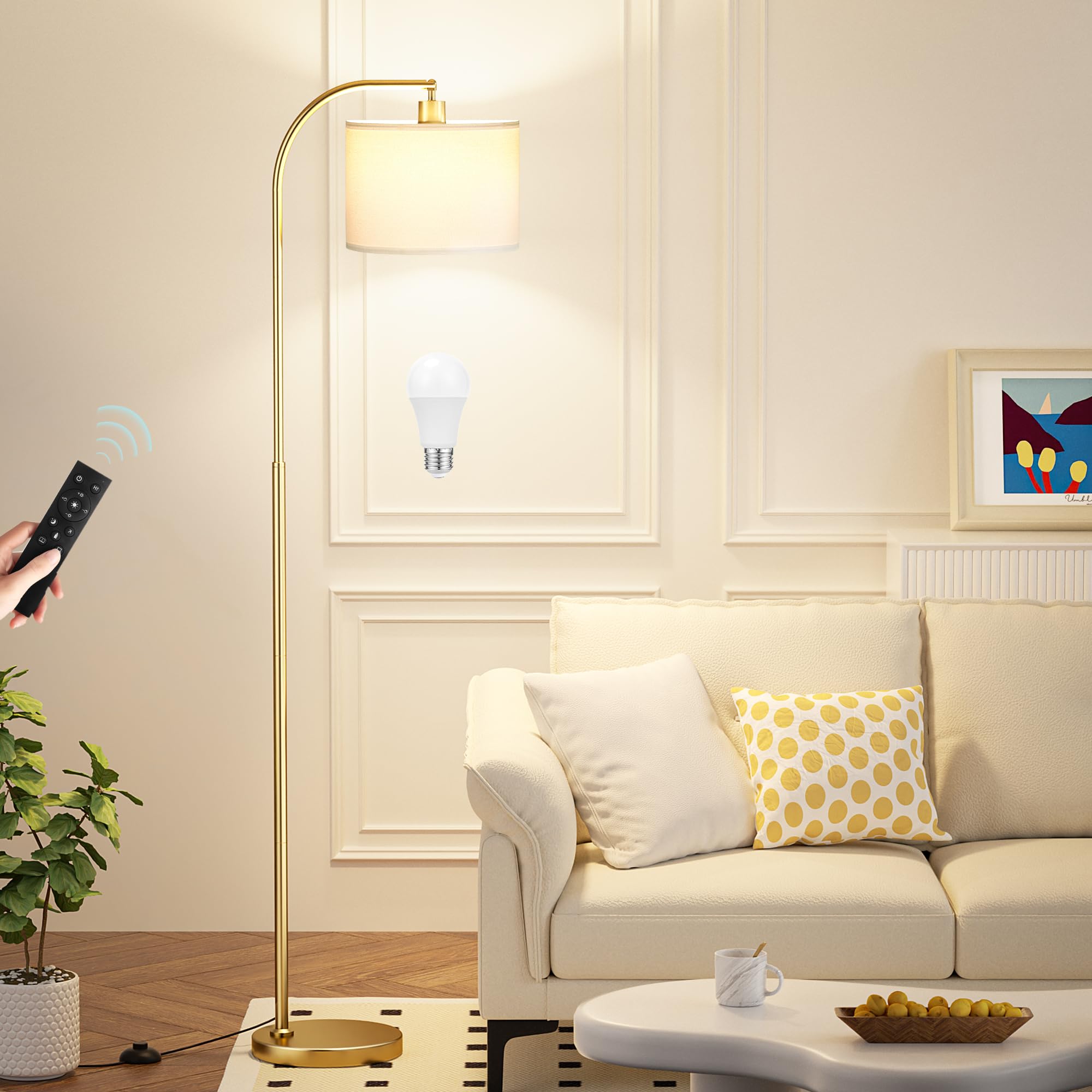Arc Floor Lamp with Remote and Stepless Dimmable Bulb, Colors Temperature & Brightness Adjustable, Gold Floor Lamps for Living R