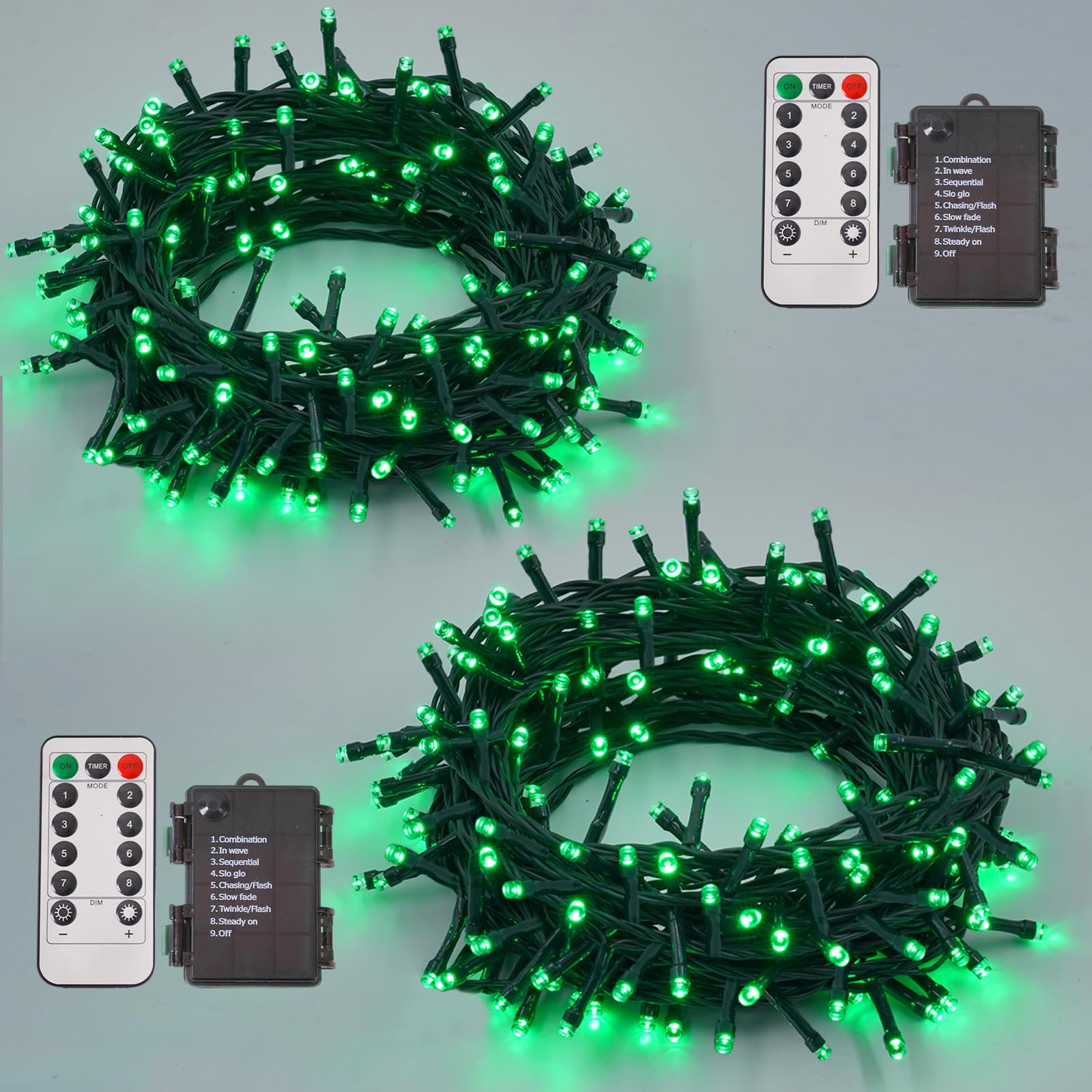 QITONG 2 Pack Green Battery Operated String Lights, Each 33ft 100 LED Christmas Lights Outdoor, Green Wire Twinkle Lights Indoor