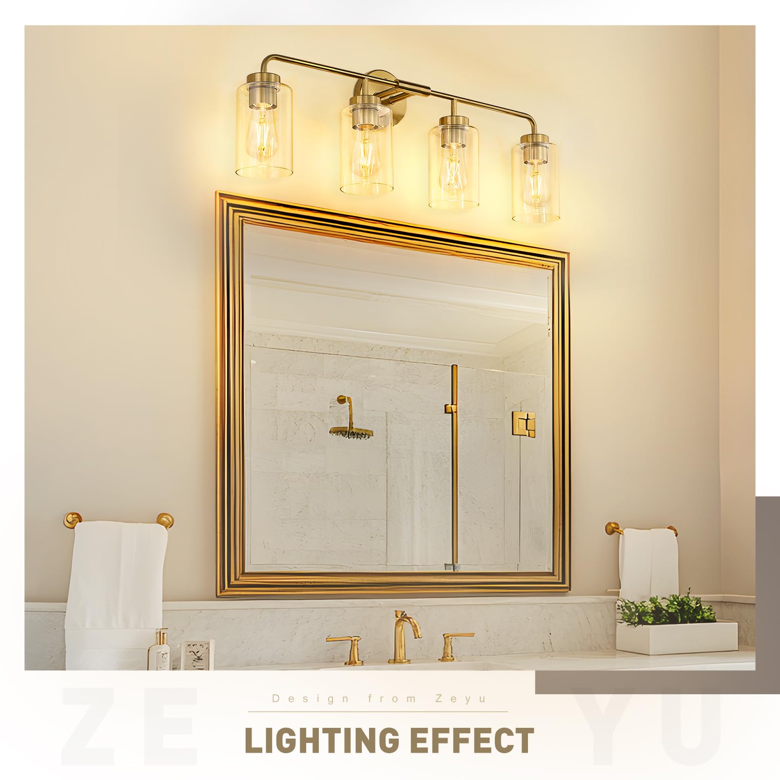 Zeyu 4-Light Bathroom Light Fixtures  Gold Vanity Lights For Bathroom  31 Inch Wall Sconce Lighting  Brushed Gold Finish  Clear Glass Finish  Zs62B-4W Bg