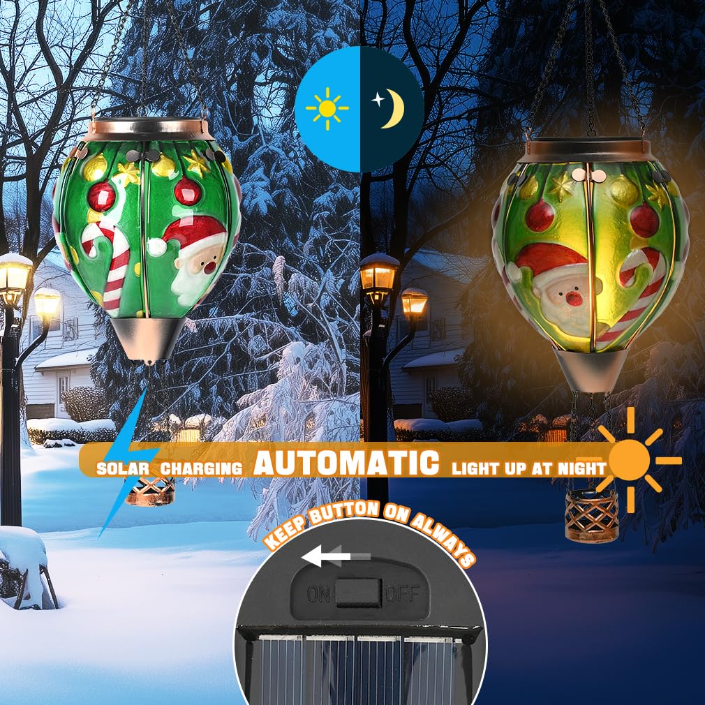 Solar Powered Hot Air Balloon Lantern - Christmas Santa Glass Lantern  Simulated Flickering & Dancing Flame  Outdoor Hanging Yard Light Waterproof Ip65 For Patio Lawn Porch Xmas Decor Gift