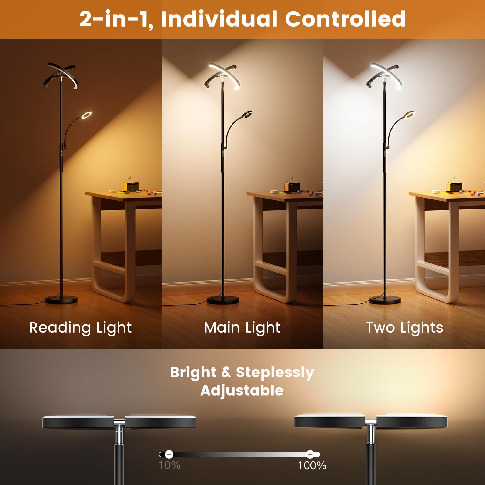 Sibrille Led Floor Lamp For Living Room - Modern Standing Lamp With Reading Light, Remote Touch Control Floor Light Dimmable Mot