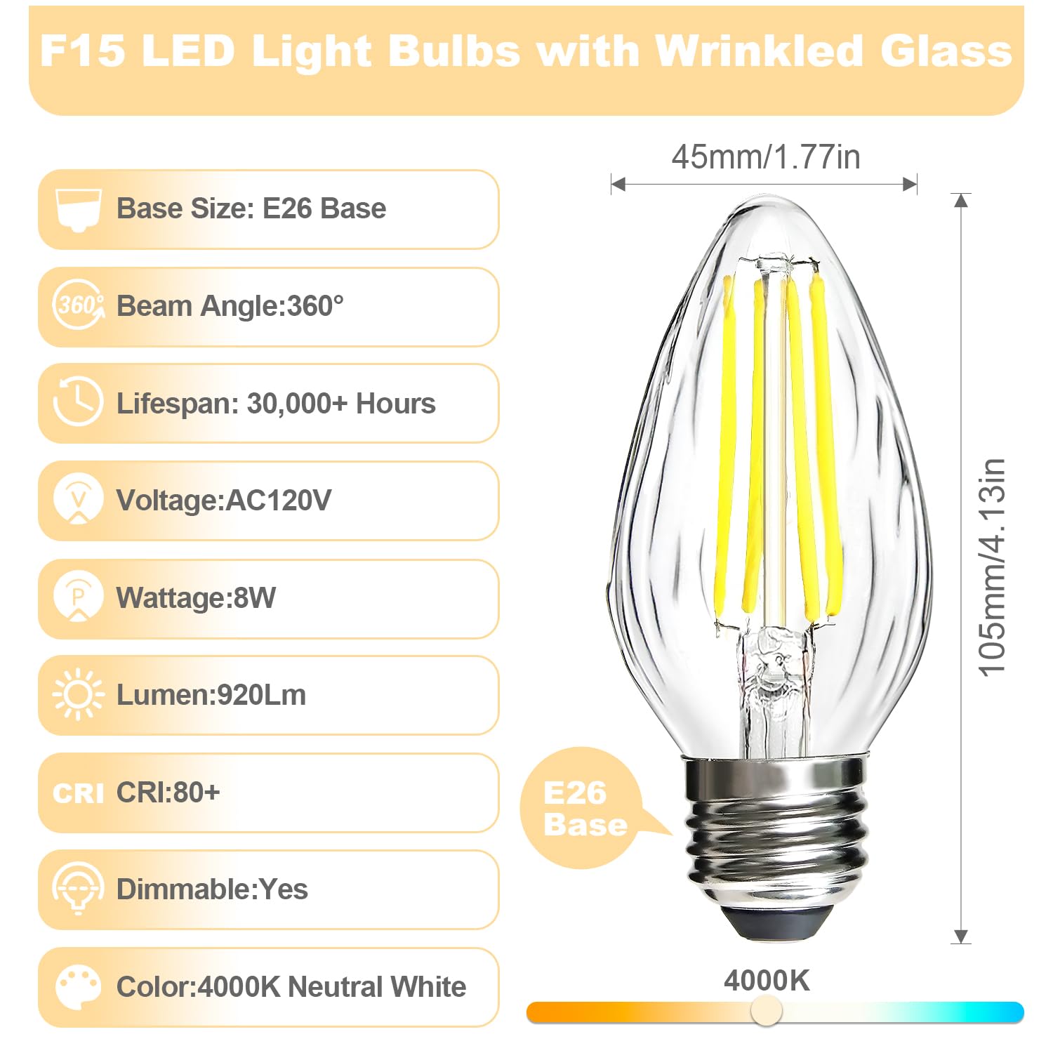 Brimax F15 8W Led Light Bulbs,Neutral White 4000K,80W Incandescent Equivalent,Dimmable,E26 Medium Base,Flame Wrinkle Glass,4 Pac