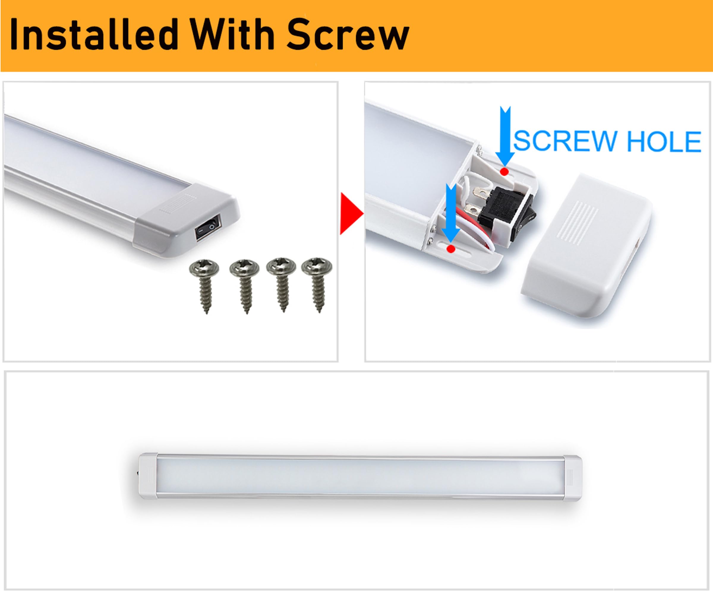 Raycharm LED Utility Light Fixture, 30.3" x 2.6", Energy Efficient, 6000K Cool-White, On/Off Switch, 12V-24V