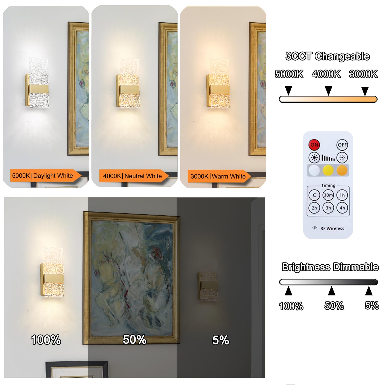 Ditoon Gold LED Wall Sconce Set of Two, Rechargeable Metal Vanity Light, Modern Design, 9.25 Inch, Brass Finish