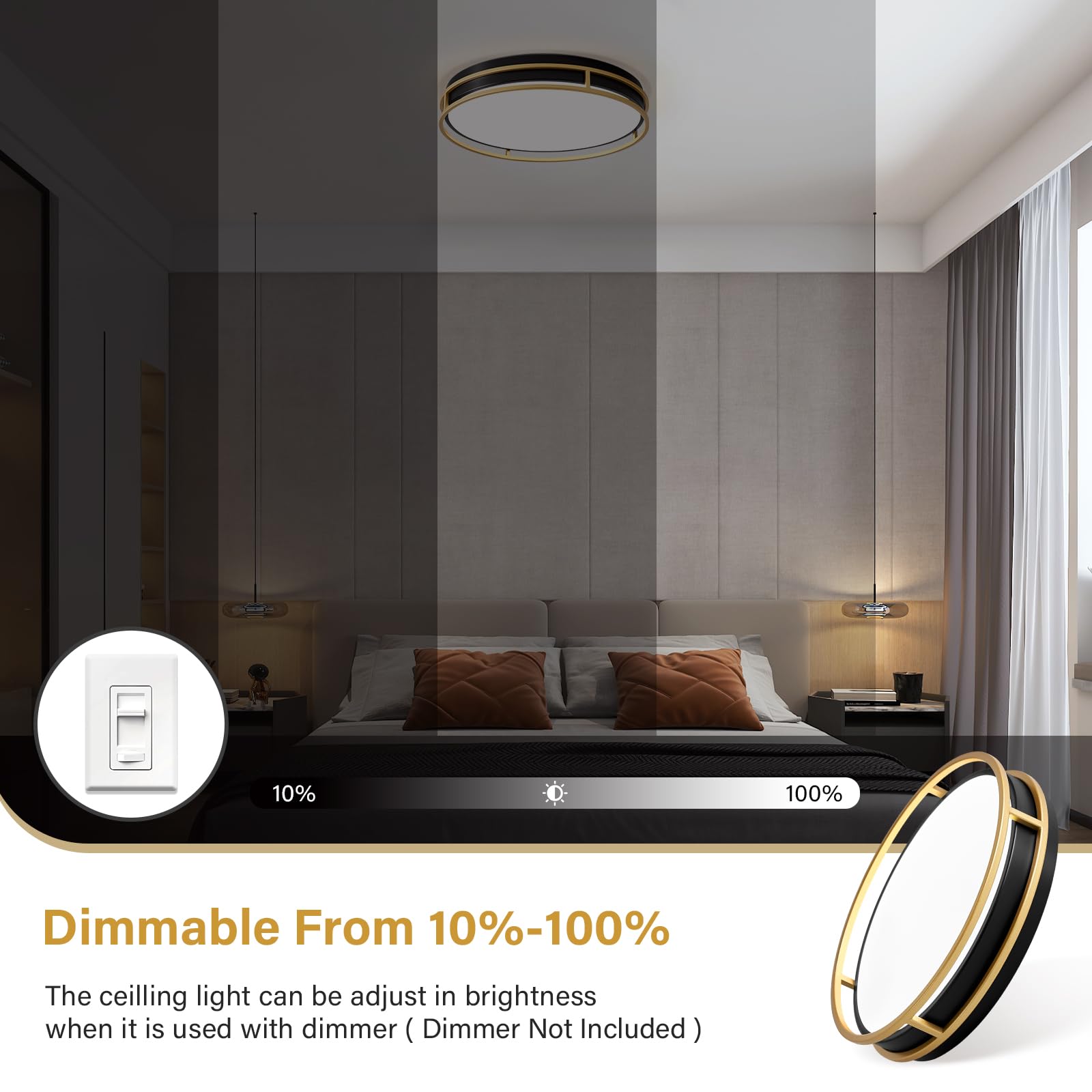 Pevfah Modern Flush Mount Ceiling Light, 5Cct 2700 K-6000 K Dimmable Black And Gold Ceiling Lighting Fixture, Minimalist Round L