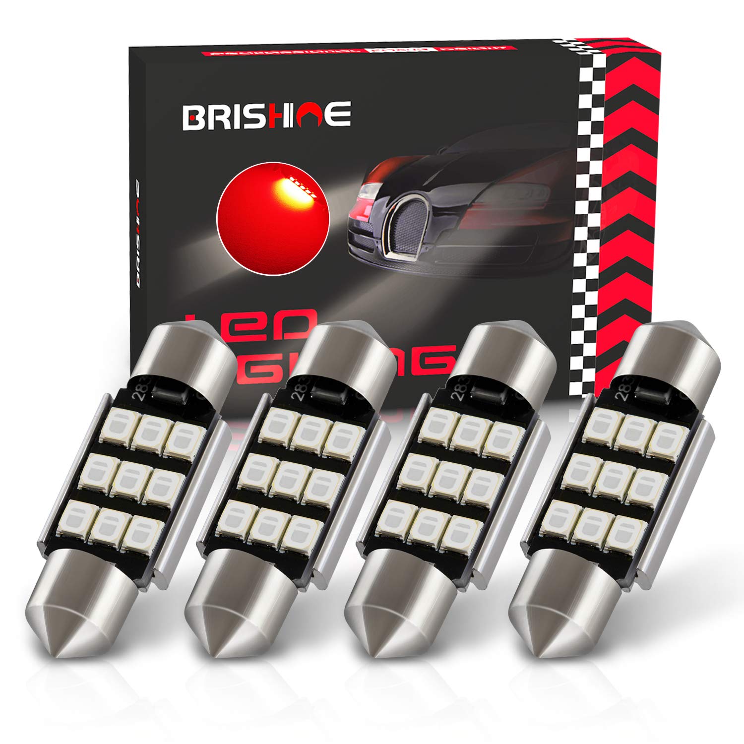 Brishine 6418 Led Bulbs, Super Bright Brilliant Red 2835 Chipsets Canbus Error Free 36Mm 1.5” Festoon 6411 6461 De3425 C5W Led Bulbs For Car Dome Map Door Tail License Plate Lights(Pack Of 4)