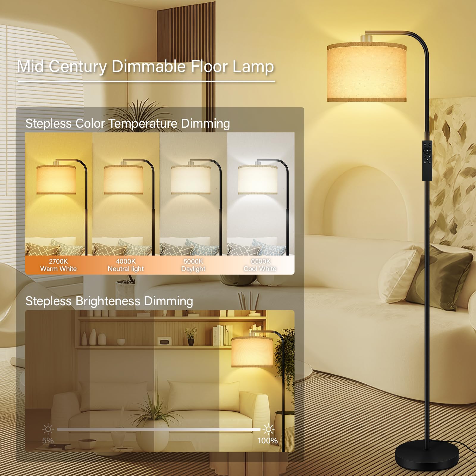 Dimmable Floor Lamp For Living Room,Arc Sofa Lamps With Remote Control,Stepless Dimmable Brightness & Colors Temperature 2700K-6
