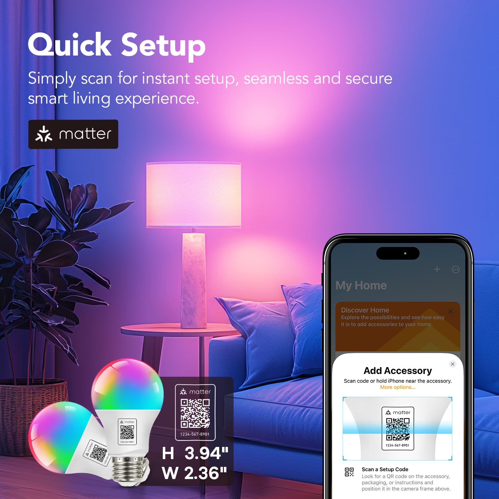 Orein Matter Smart Light Bulb, Smart Light Bulbs Work With Apple Home, Alexa, Google Home, Smartthings, A19 Color Changing Light Bulbs 2.4Ghz Wifi Only, 800 Lumens Equivalent 60W 2Pack