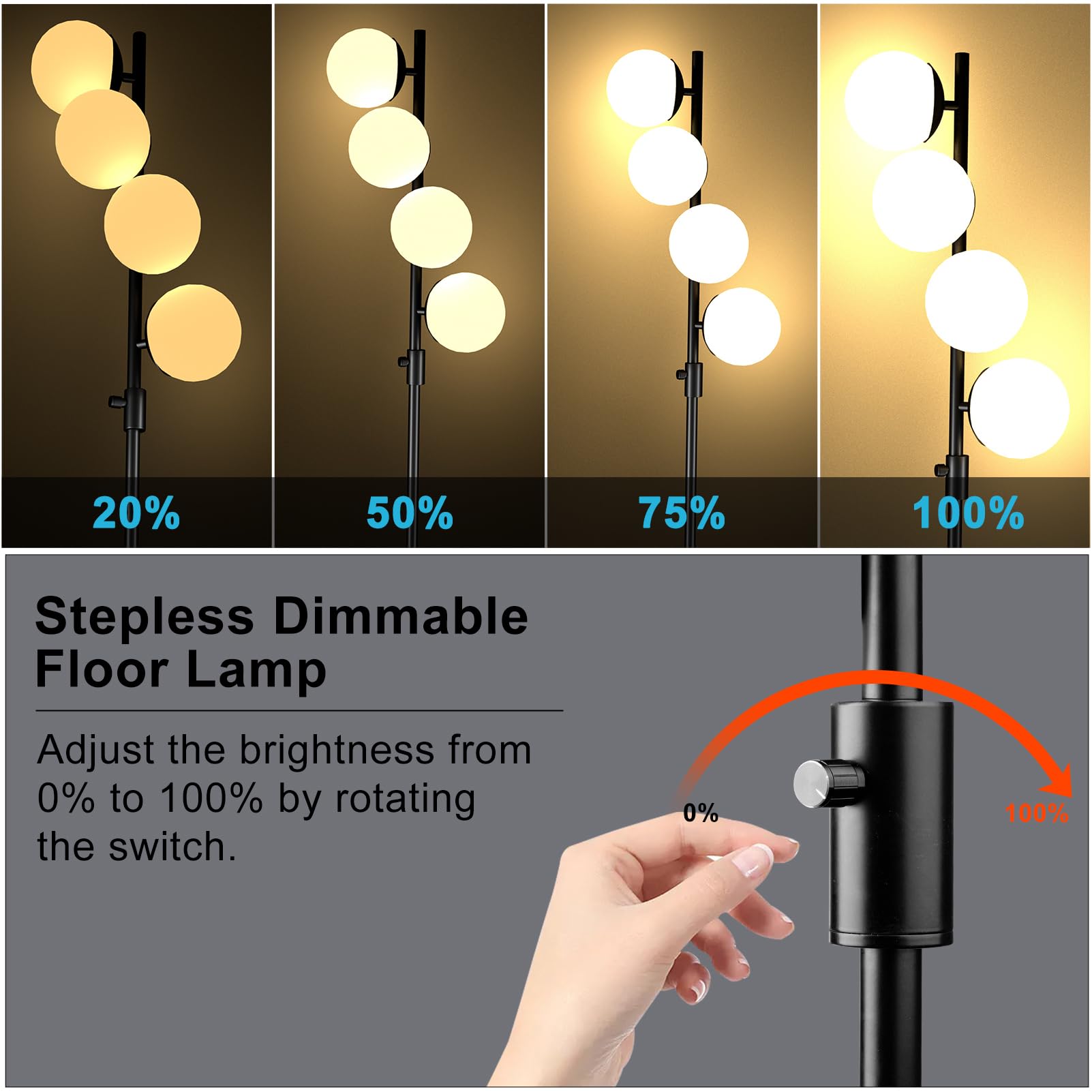 Lightdot Dimmable Globe Floor Lamp, 64IN, Black, Metal, Includes 4PCS 3000K G9 Bulbs, Mid Century Modern Design