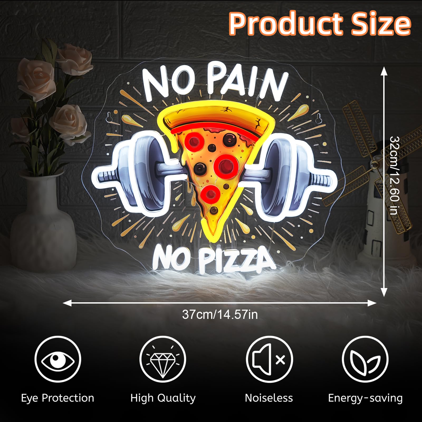 Lucunstar Gym Neon Sign No discomfort-reducing No Pizza Uv Printed Light Signs For Wall Decor Dimmable Dumbbell Barbell Led Lights Decoration Fitness Club Gift For Teens Sports Room Usb Powered 14.57 X 12.6 Inches