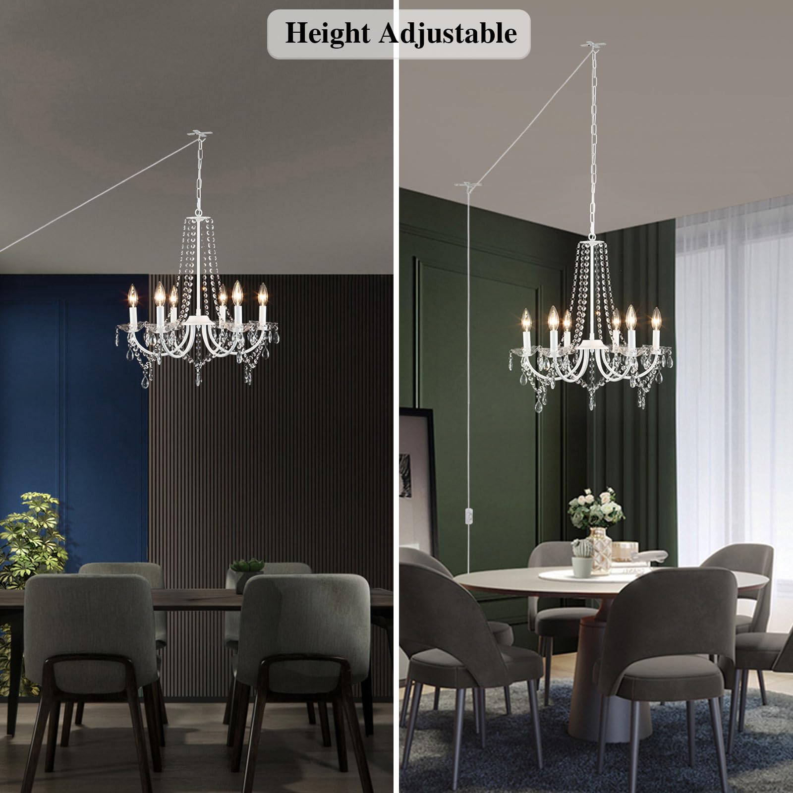 Meijia Plug In Crystal Chandeliers Lighting Fixture 6 Light Modern Crystal Chandelier With 15.75Feets Plug In Cord White Mini Pl