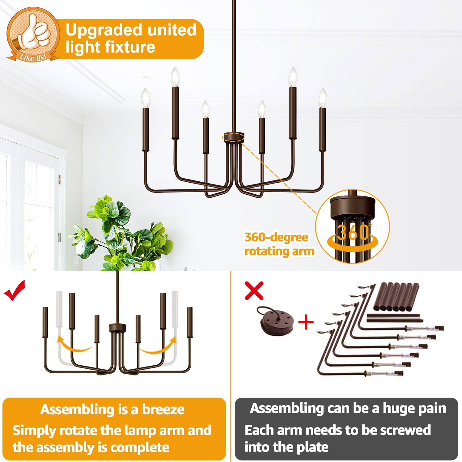 Brass Gold Chandelier, 6-Light Chandelier Light Fixture Farmhouse Chandeliers For Dining Room, Vintage Candle Pendant Light Fixt