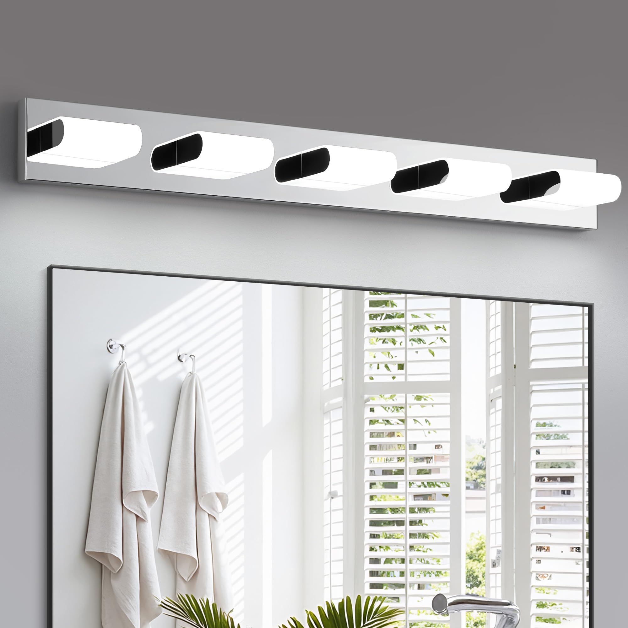 KDG LED Modern Bathroom Vanity Light Fixtures  5 Lights Stainless Steels Silver 5000K Wall Lighting Over Mirror  Lights for Dressing Room  Bedroom  37.4 inch
