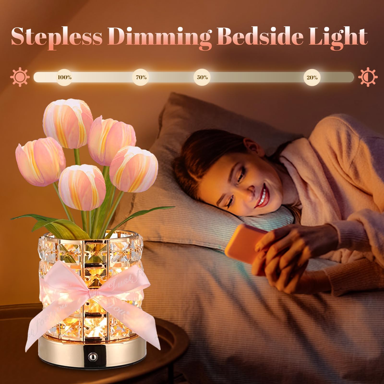 Tulip Flower Lamps, Rechargeable Cordless Small Desk Lamp, 3 Colors Dimmable Artificial Flowers Night Light, Fake Bouquet 5 Tuli