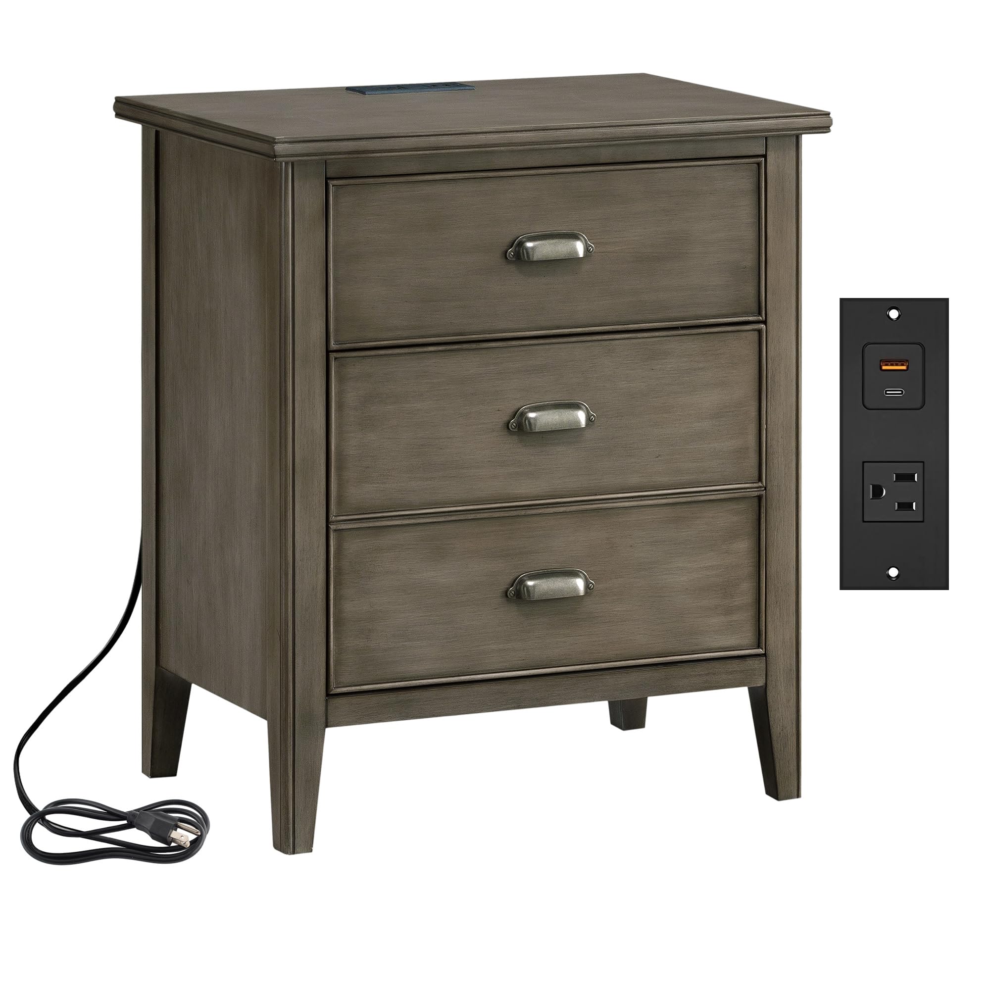 Laurent Solid Wood Nightstand With Drawer And Fast-Charging Usb-C Station, Smoke Gray Side Table, Perfect For Bedrooms, Living R