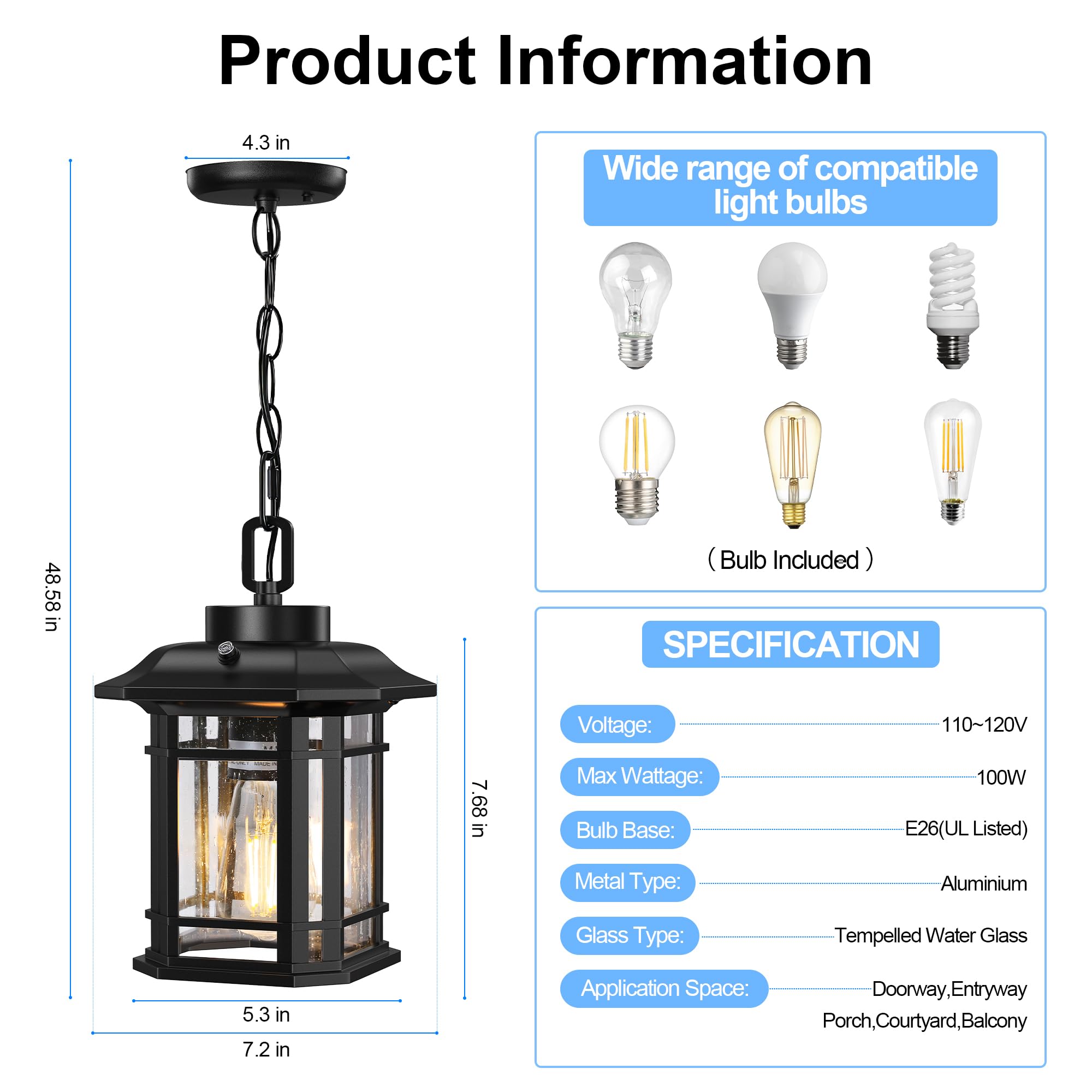 WIHTU Dusk to Dawn Outdoor Pendant Light, Black Aluminum Hanging Fixture, Adjustable Chain, Model WTCL085AB1, Ideal for Porch and Patio