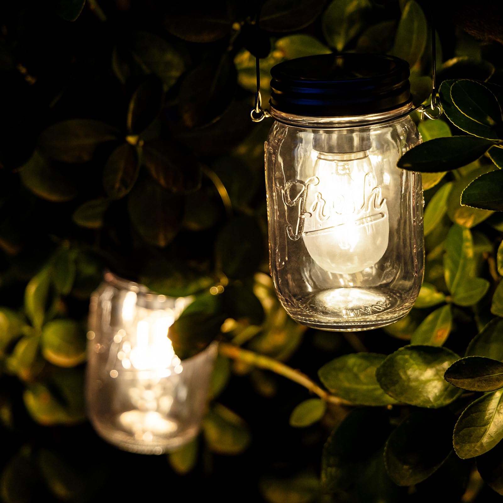 MJ PREMIER LED Mason Jar Lights, Battery Operated, Transparent, With Timer, 2-Pack Garden Lanterns for Patio and Backyard