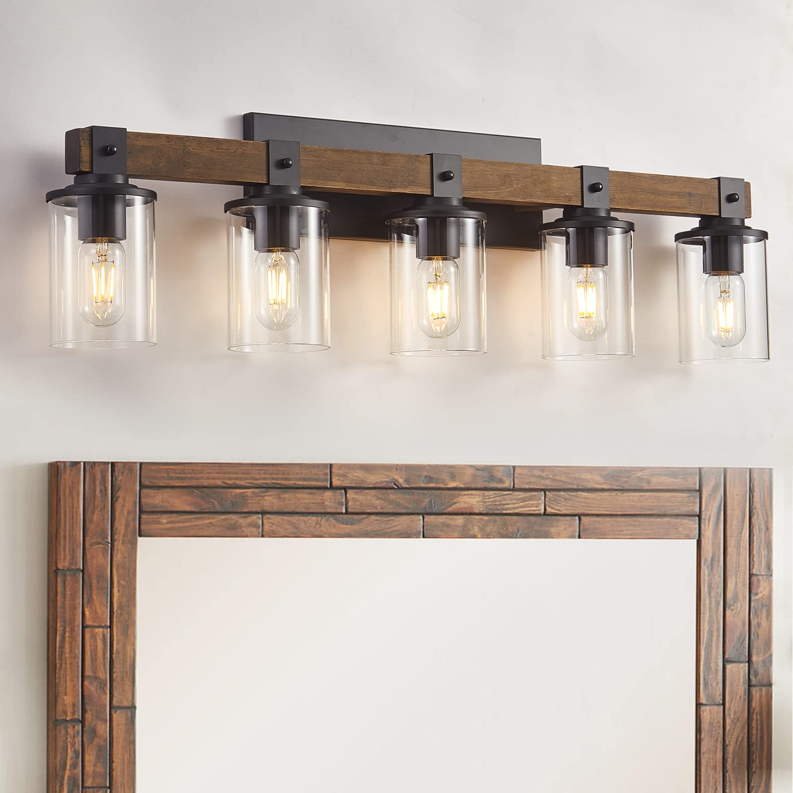 Dadul 5-Light Bathroom Vanity Light, Farmhouse Bathroom Light Fixtures Over Mirror, Classic Wood Vanity Light With Clear Glass Shade, Black Wall Sconce For Bathroom, Bedroom