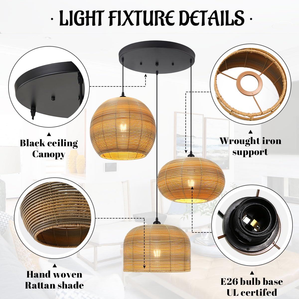 Aoodu Rattan Pendant Light Large Hand Woven Chandelier 3-Lights Boho Pendant Light Fixture Woven Basket Wicker Shade Farmhouse R