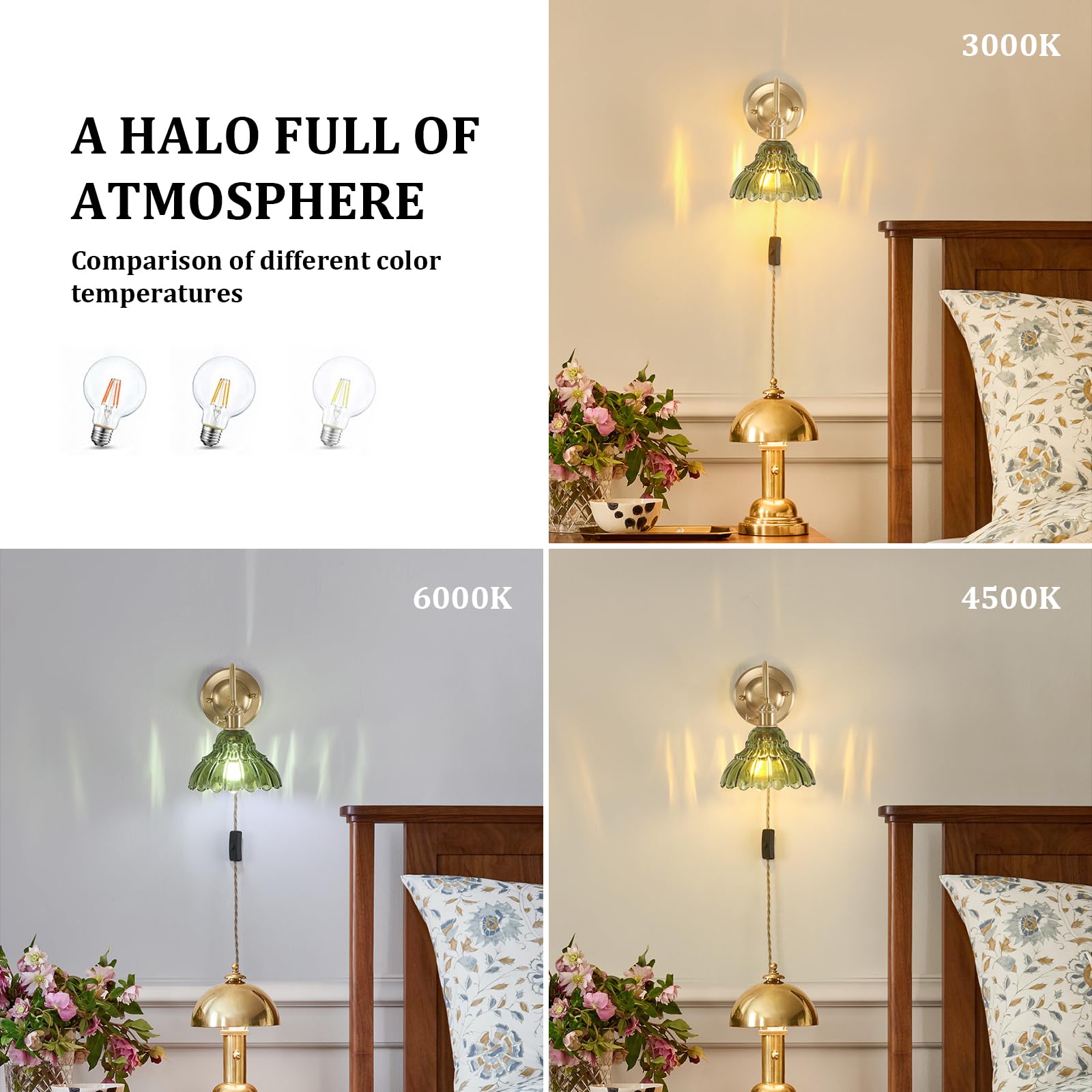 Shenmoyl Wall Sconce Set of 2, Gold Vintage Indoor Lamp, Green Lily Glass Shade, 2 Light Plug in, Model 1-93730-wlampp