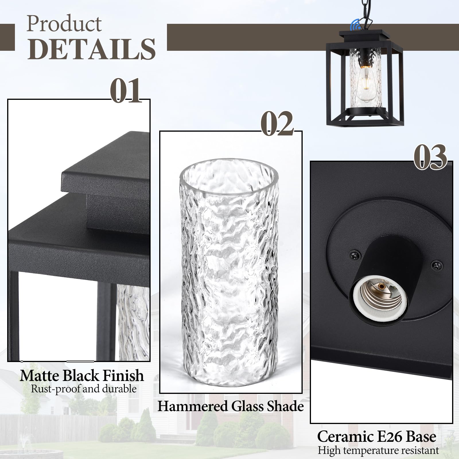 Osimir Outdoor Pendant Light, Black Metal Porch Chandelier with Hammered Glass, Adjustable Chain, Model OS-KY1001, Small Size