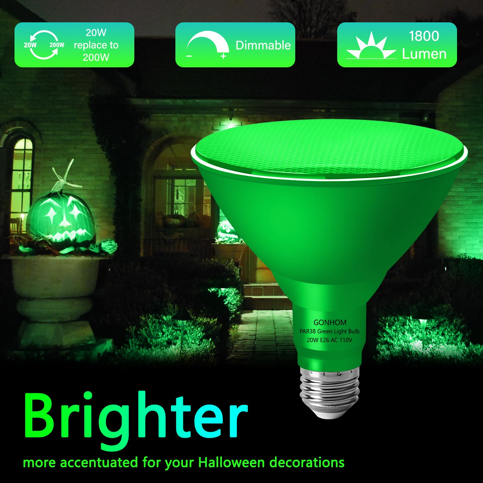 Gonhom Par38 Green Flood Light Bulbs, 20W Dimmable, 4 Pack, E26 Base, Outdoor Christmas Lighting