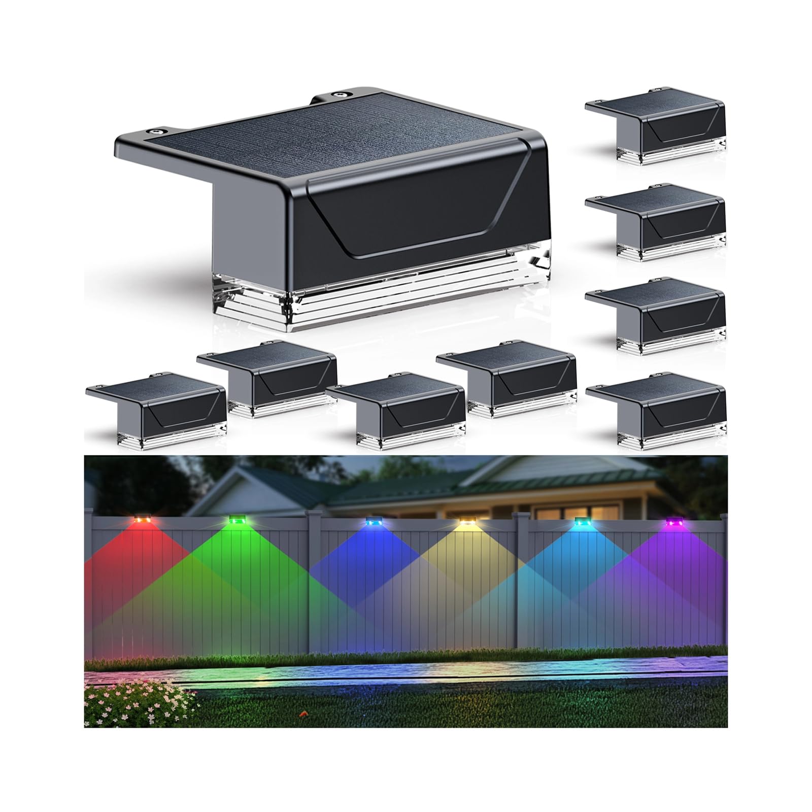 LIANGLOME 8PK Solar Fence Lights Outdoor - Warm White & RGB 6 Color  Dusk to Dawn Deck Light  IP65 Waterproof Garden Lights for Outside/Backyard/Railing/Step/Patio/Wall