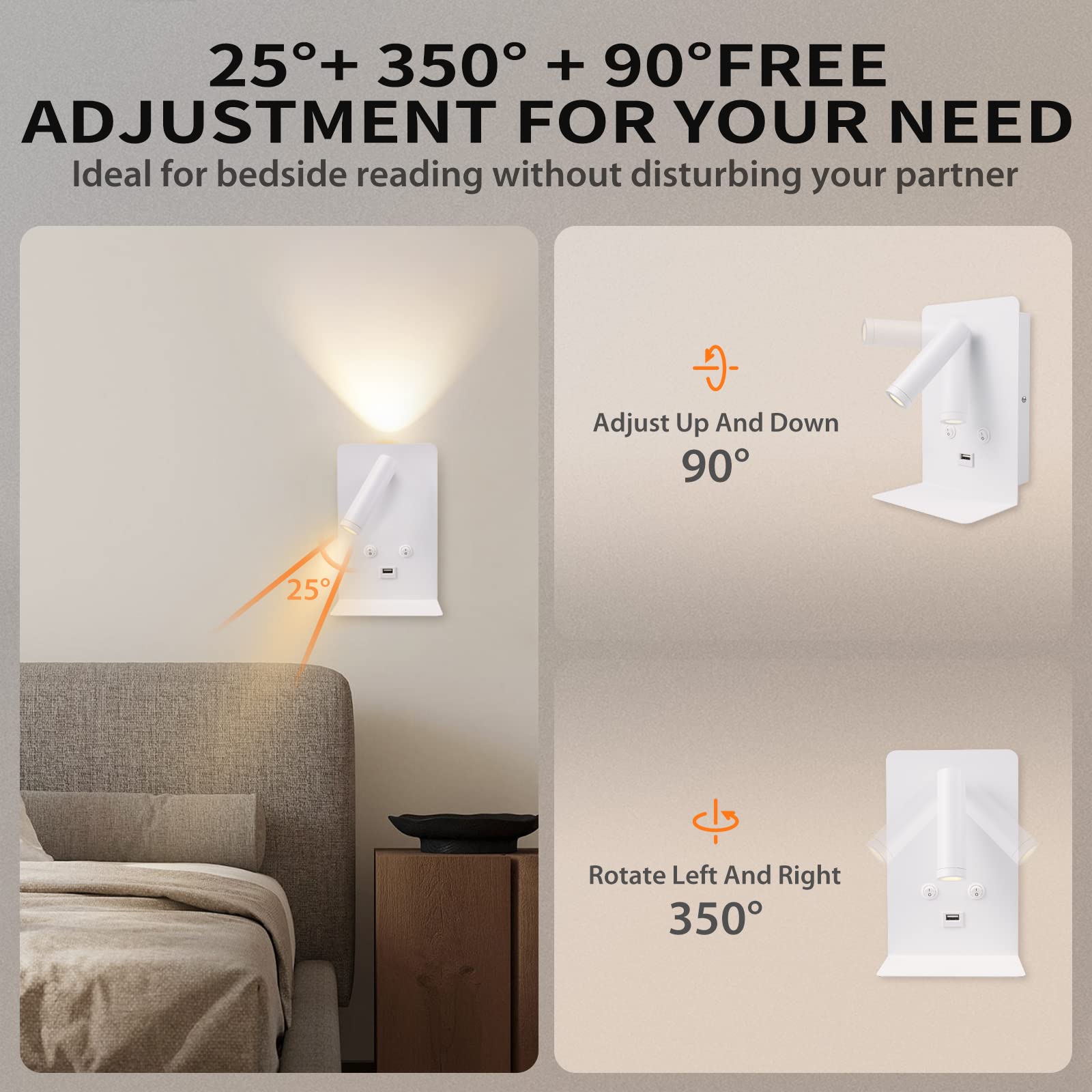 HYMELA M03 Wall Mounted Reading Light with Shelf 350 Rotatable Bedside Reading Wall Sconces with USB Port Adjustable Spotlight H