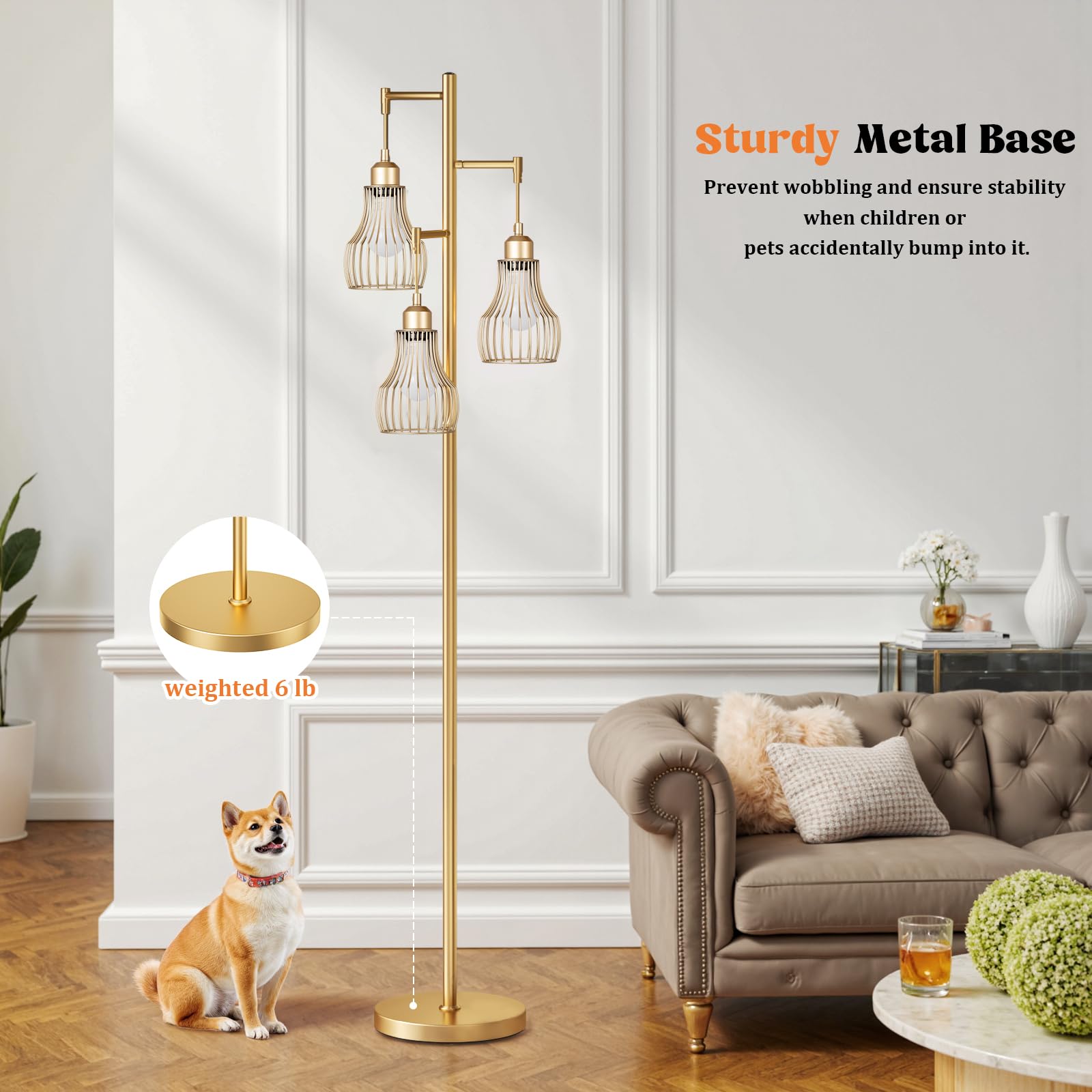 Ziisee Dimmable Gold Floor Lamps For Living Room, Farmhouse Tree Standing Tall Lamp With Remote Control 3 Elegant Cage Shade Led