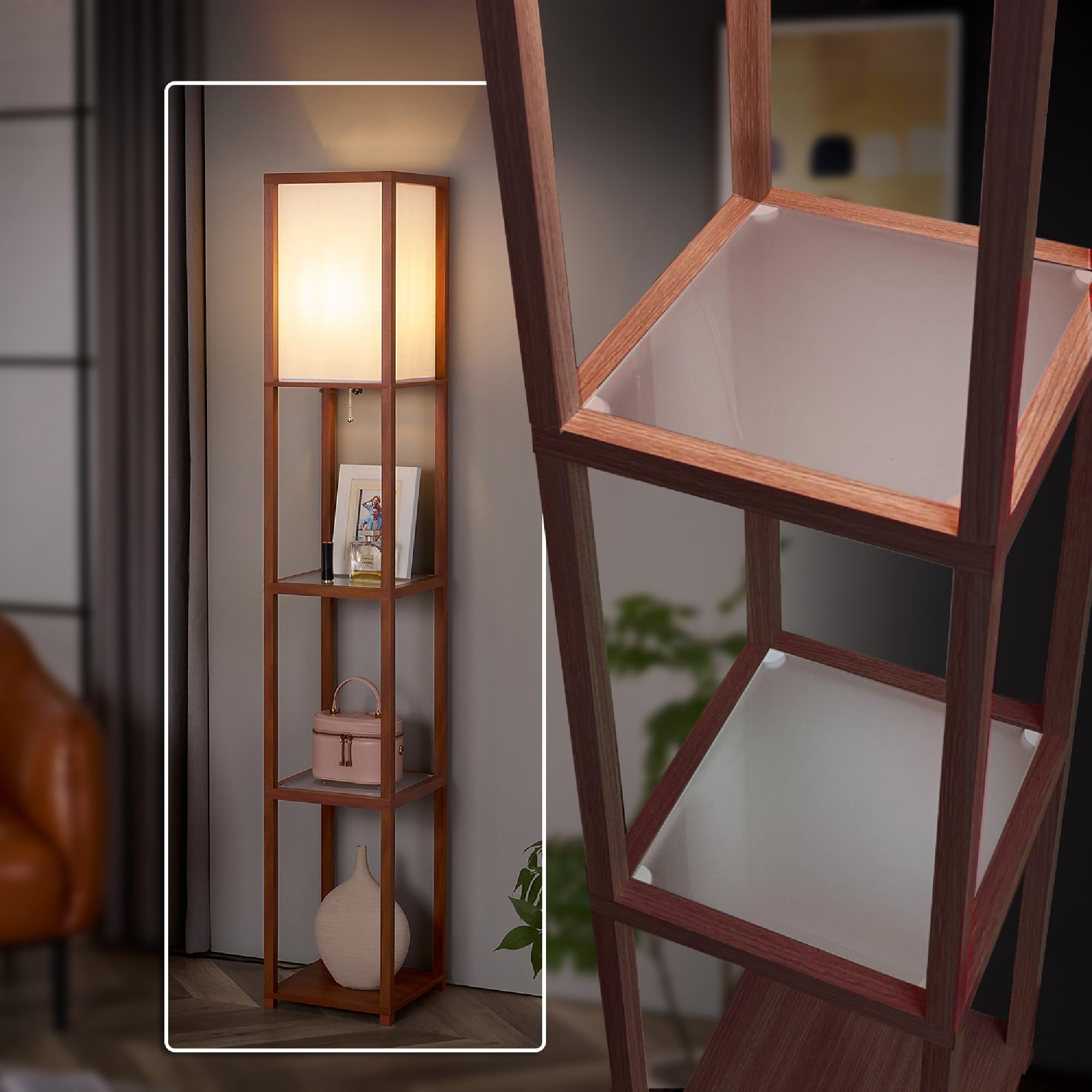 FENLO Floor Lamp with Shelves, Modern Minimalist Design, Tempered Glass Tiers, Walnut Color, Model FEN-111-FL-WA