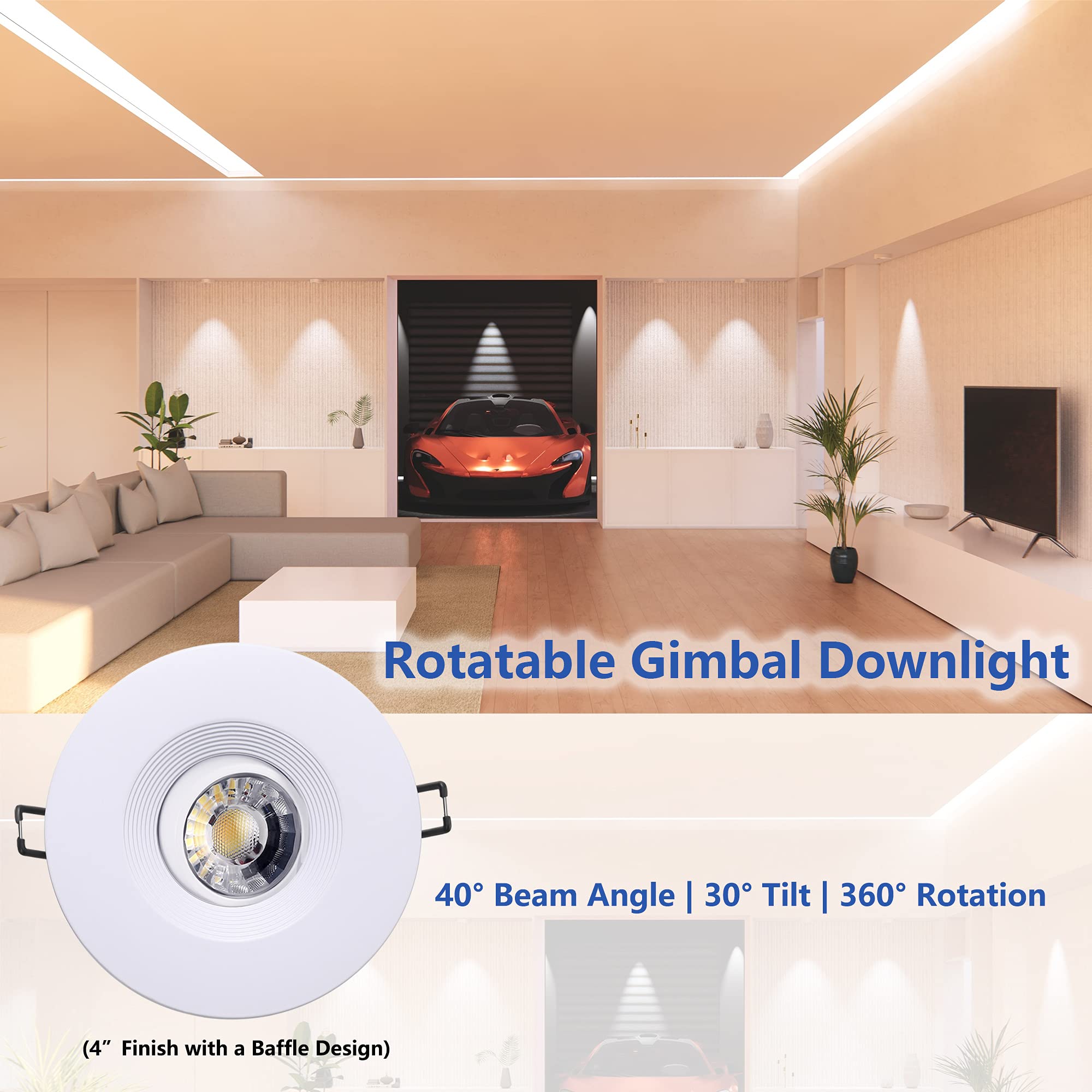 POPANU Canless Recessed Gimbal Downlight 4 Inch Dimmable LED Spotlight, White Aluminum, Model EW34CG-4WHRN
