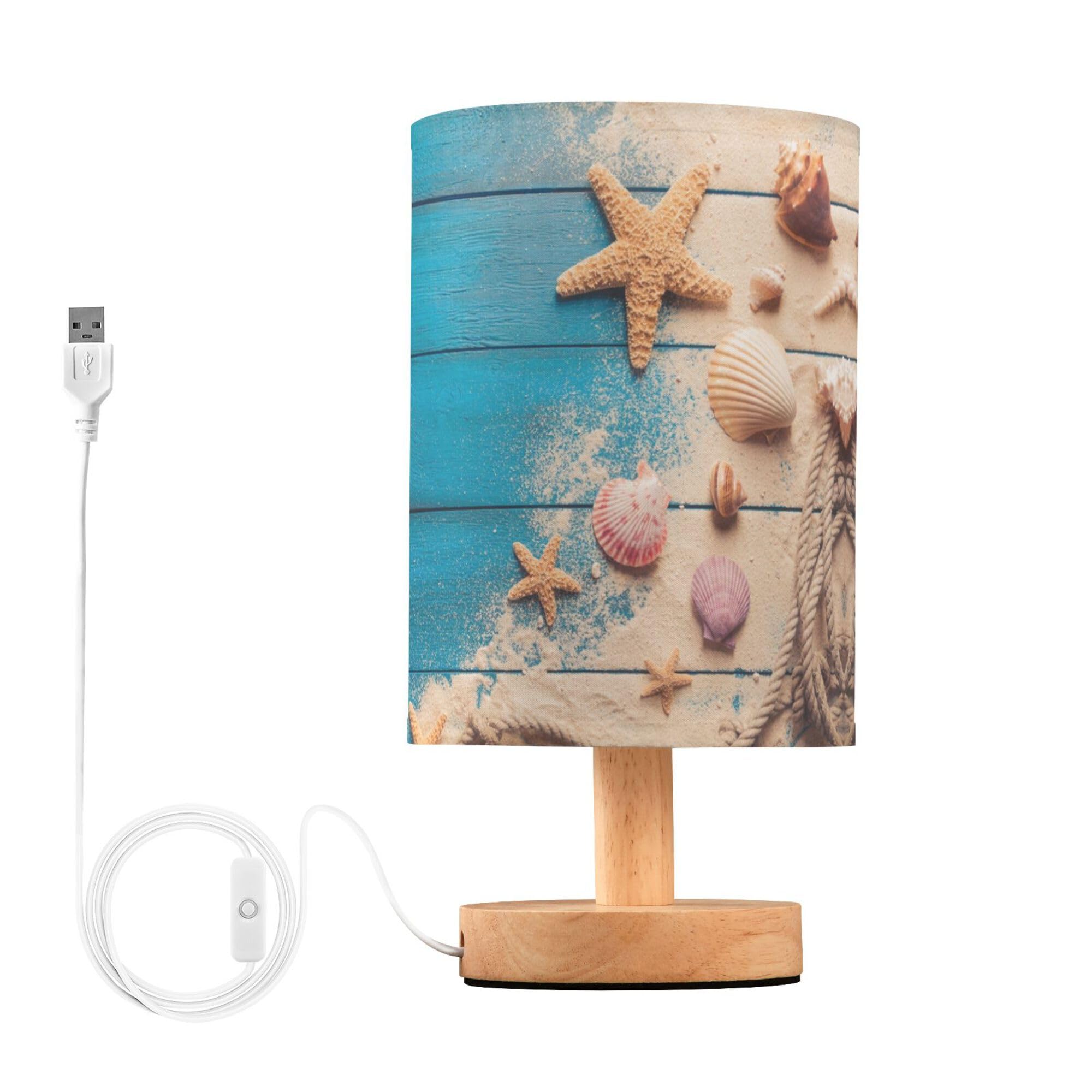 Yyzzh Table Lamp Summer Seashell Starfish Rope Sand On Blue Wood Nightstand Lamp With Wood Base Fabric Lamp Shade Bedside Desk L
