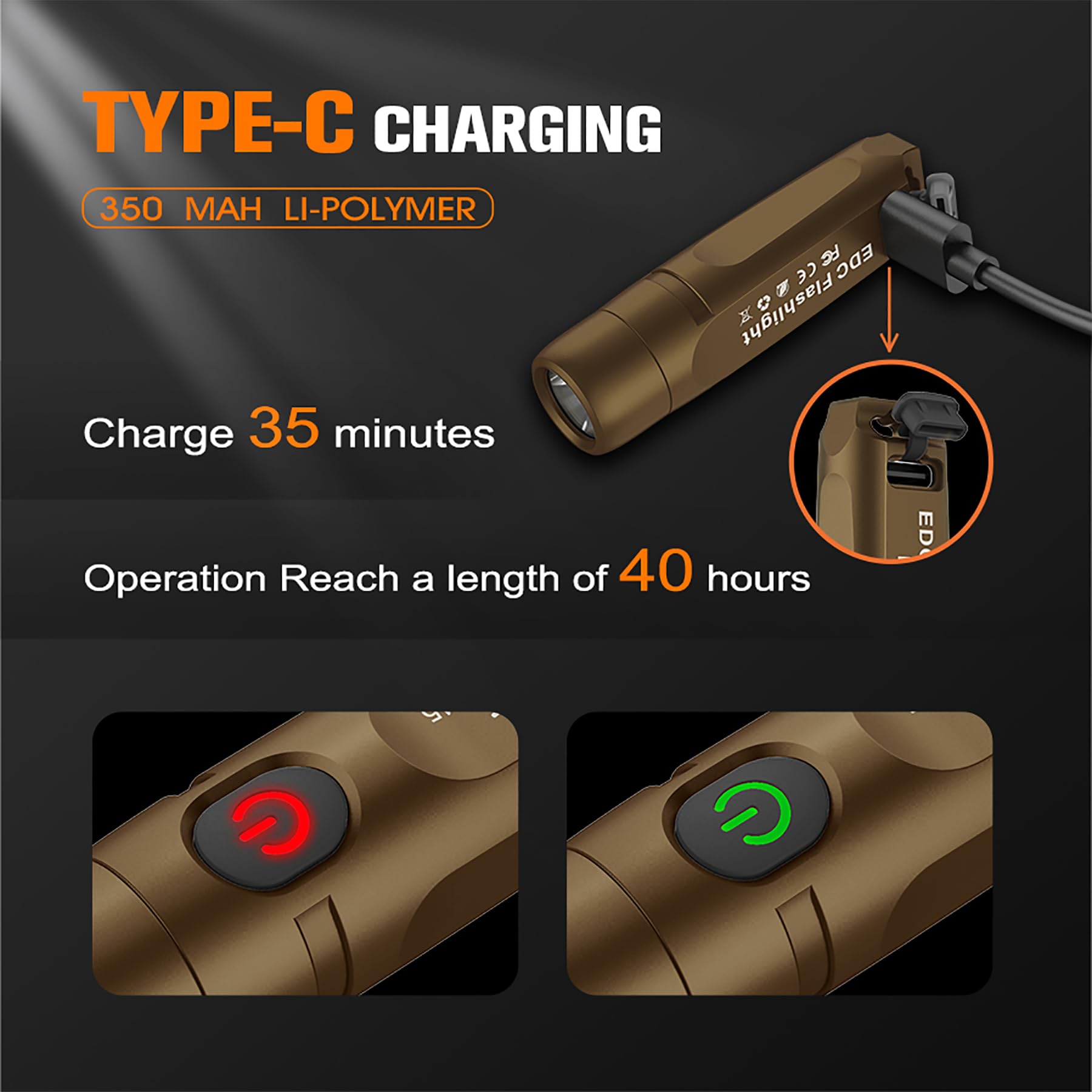 TUNENGE S15 Keychain Flashlight, 650 Lumens, Rechargeable EDC Mini Light, Aluminum, Brown