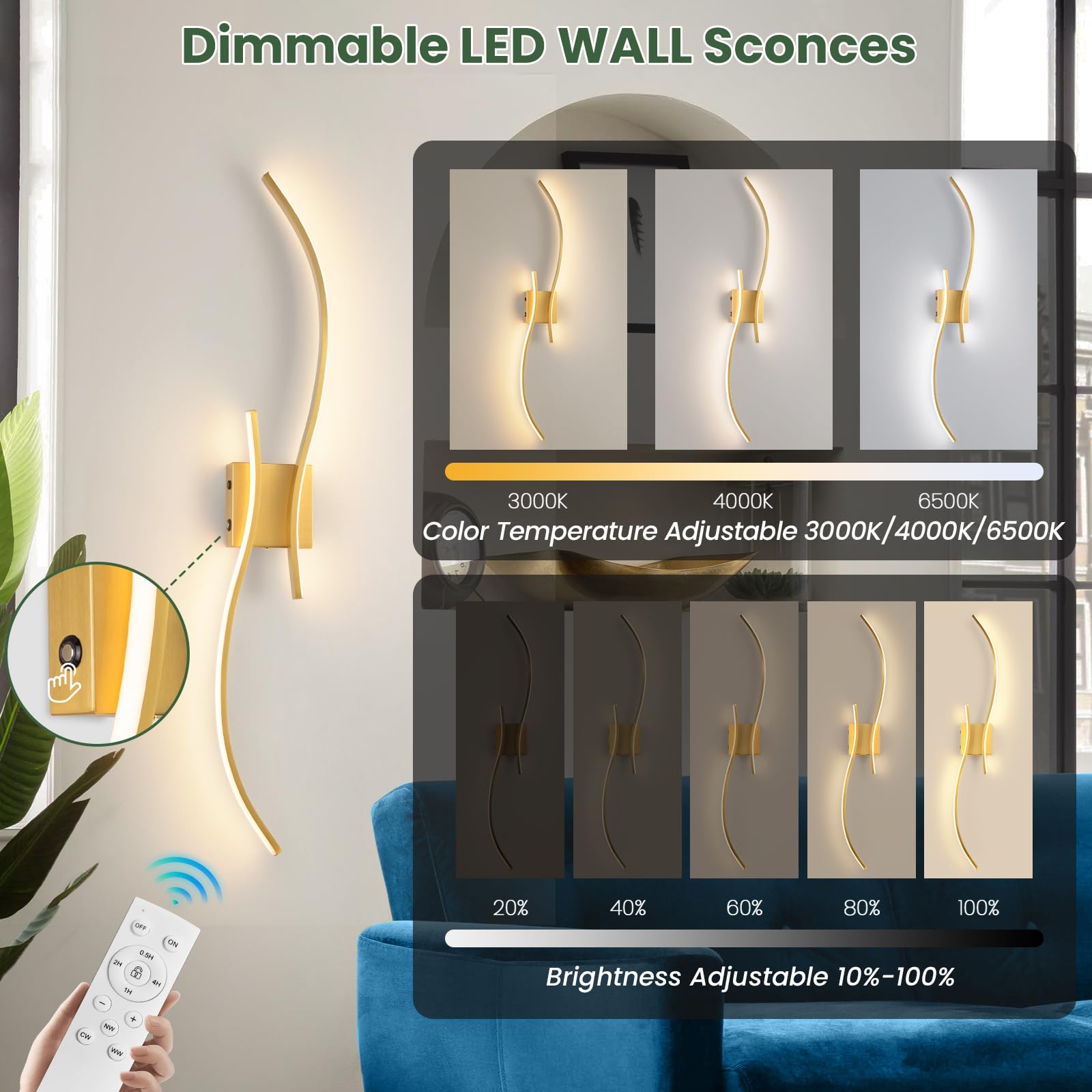 CANEOE Wall Sconce Set of 2, 18000mAh Dimmable LED Lights, 39.37" Gold, Rechargeable with Remote Control, Model WL-100SBL