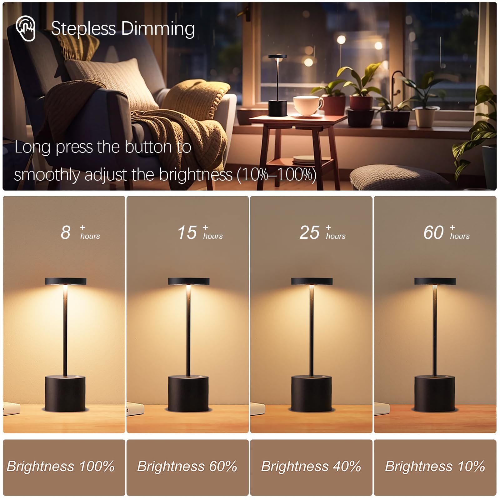 Barryca Cordless LED Table Lamp, Rechargeable, Dimmable, 5000mAh Battery, 2-Pack Black, Portable for Indoor/Outdoor Use