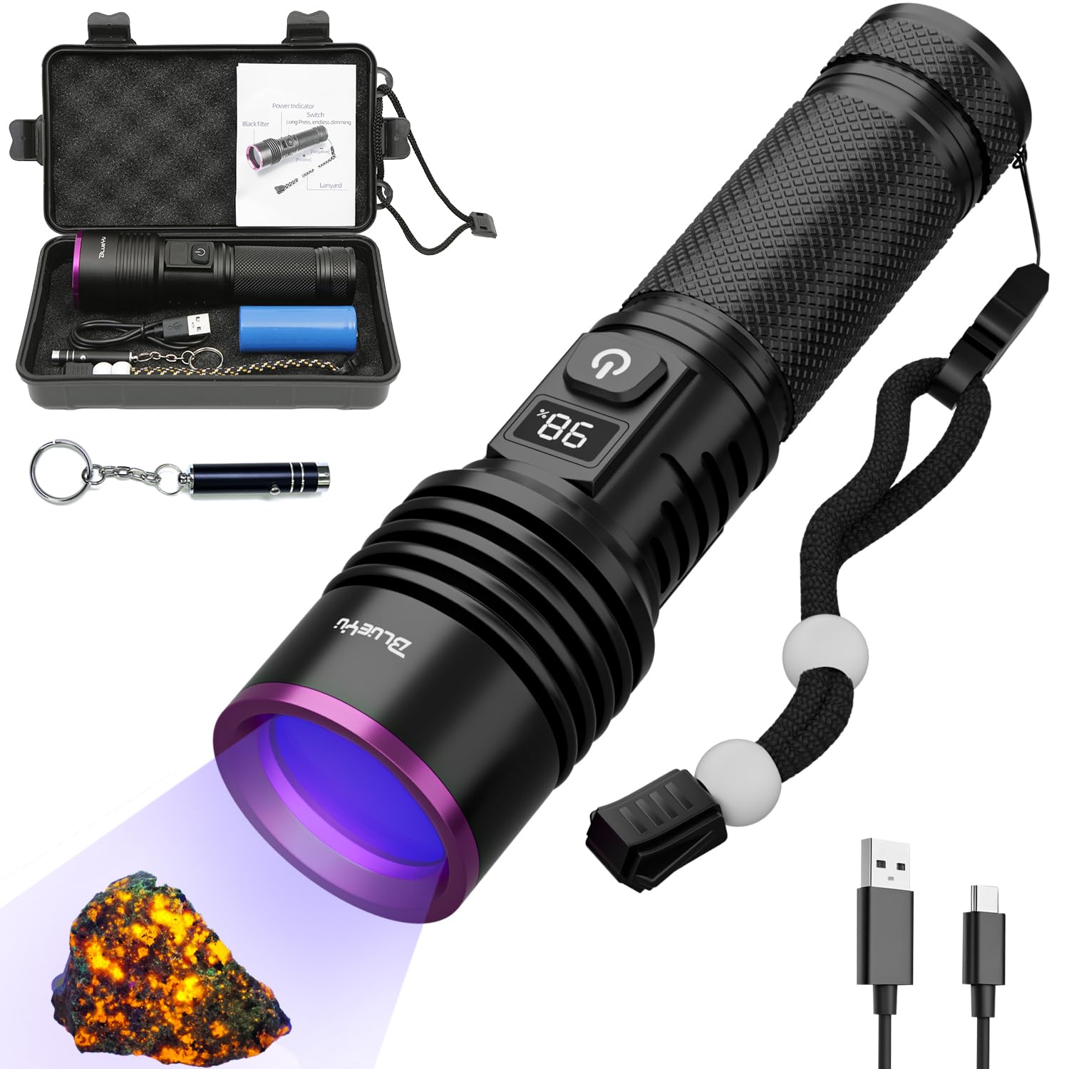 Blueyu 365Nm Uv Flashlight, Type-C Rechargeable Uv Light, Powerful Blacklight Flashlights For Pet Urine Detection, Rocks, Resin