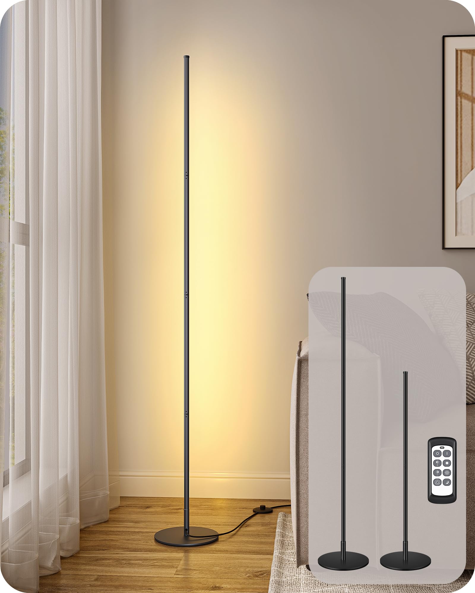 EDISHINE Dimmable Corner Floor Lamp, 3 Color Temperatures, 57.5in Aluminum, Black