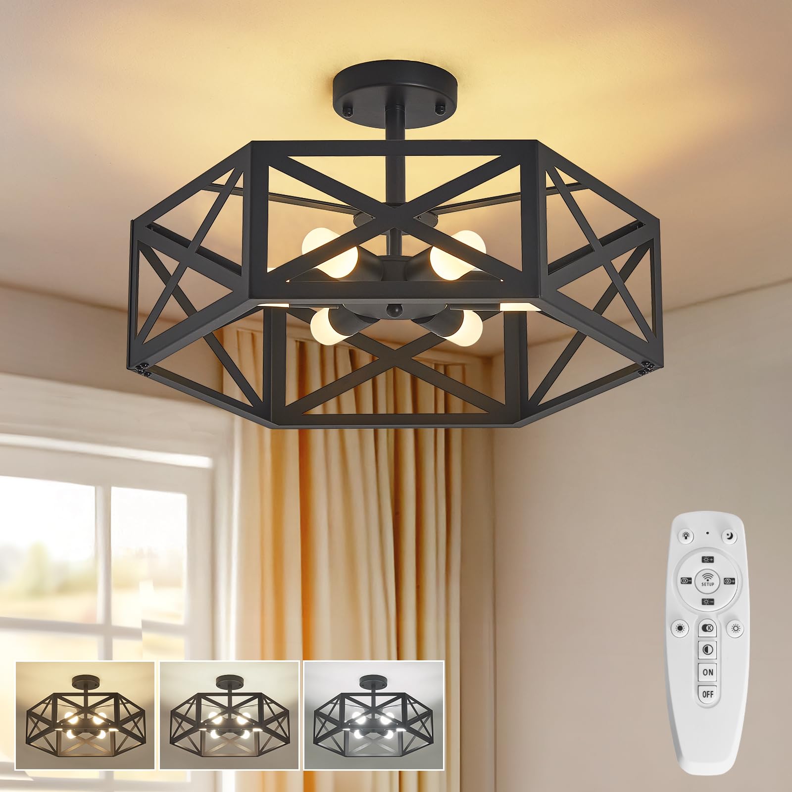 OTeedo Modern Semi Flush Mount Ceiling Light, 6-Light, Remote Control, Metal, Black, 19.7in, Model CL6H-R6