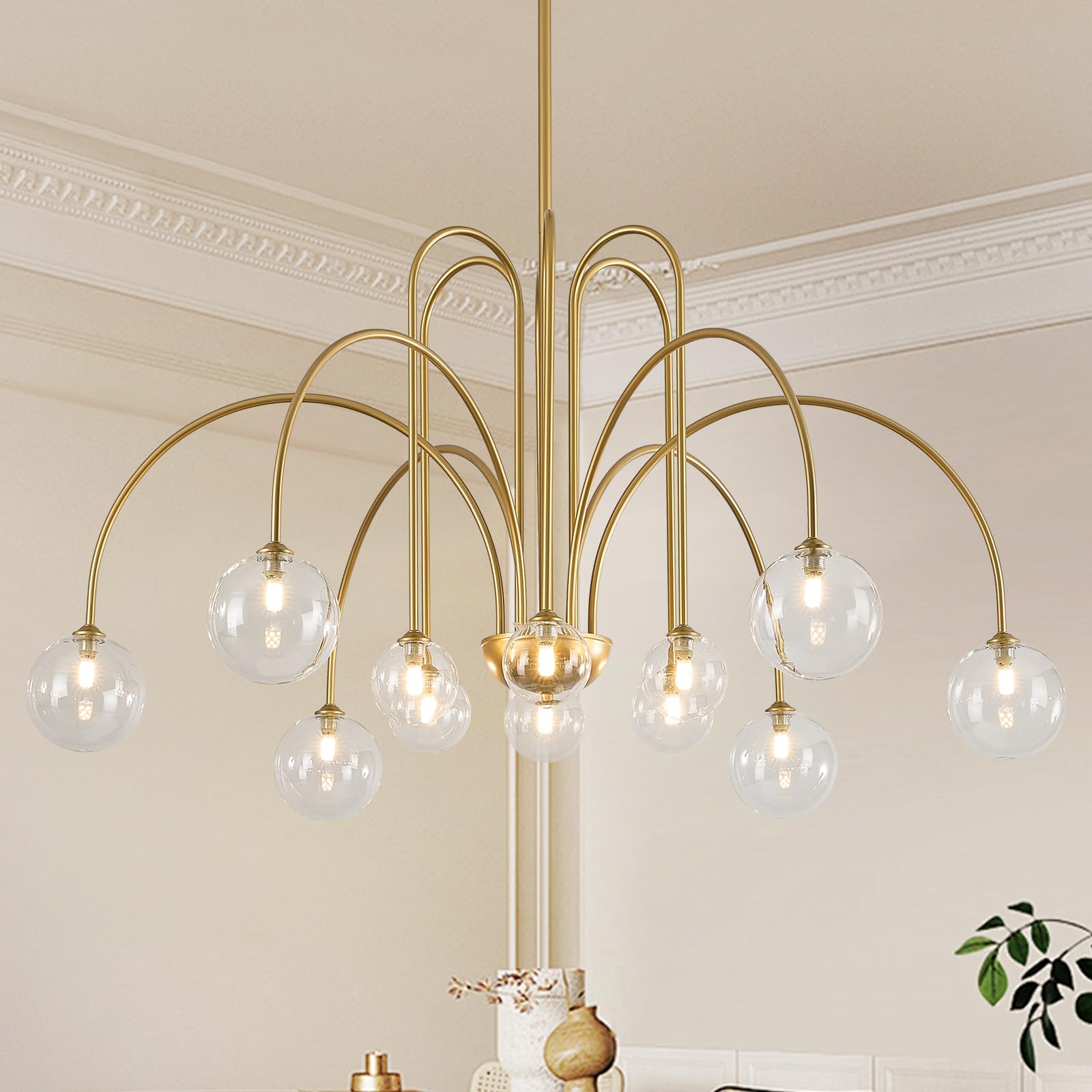 CATINER Gold Sputnik Chandeliers 12 Lights Modern Chandelier Large L52 Mid Century Ceiling Pendant Light Fixtures with Clear Glass Globe Shades for High Ceiling Living Dining Room Foyer Staircase