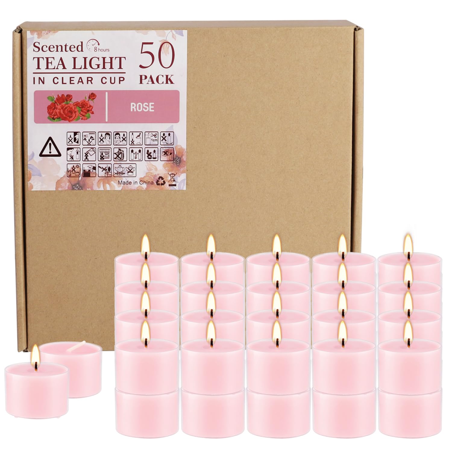 Wfmolcand Rose Scented Tealight Candles, 8 Hours Burn Time, Glass, Pink, 50 Pack, Model 125jhh, 1 Inch Size