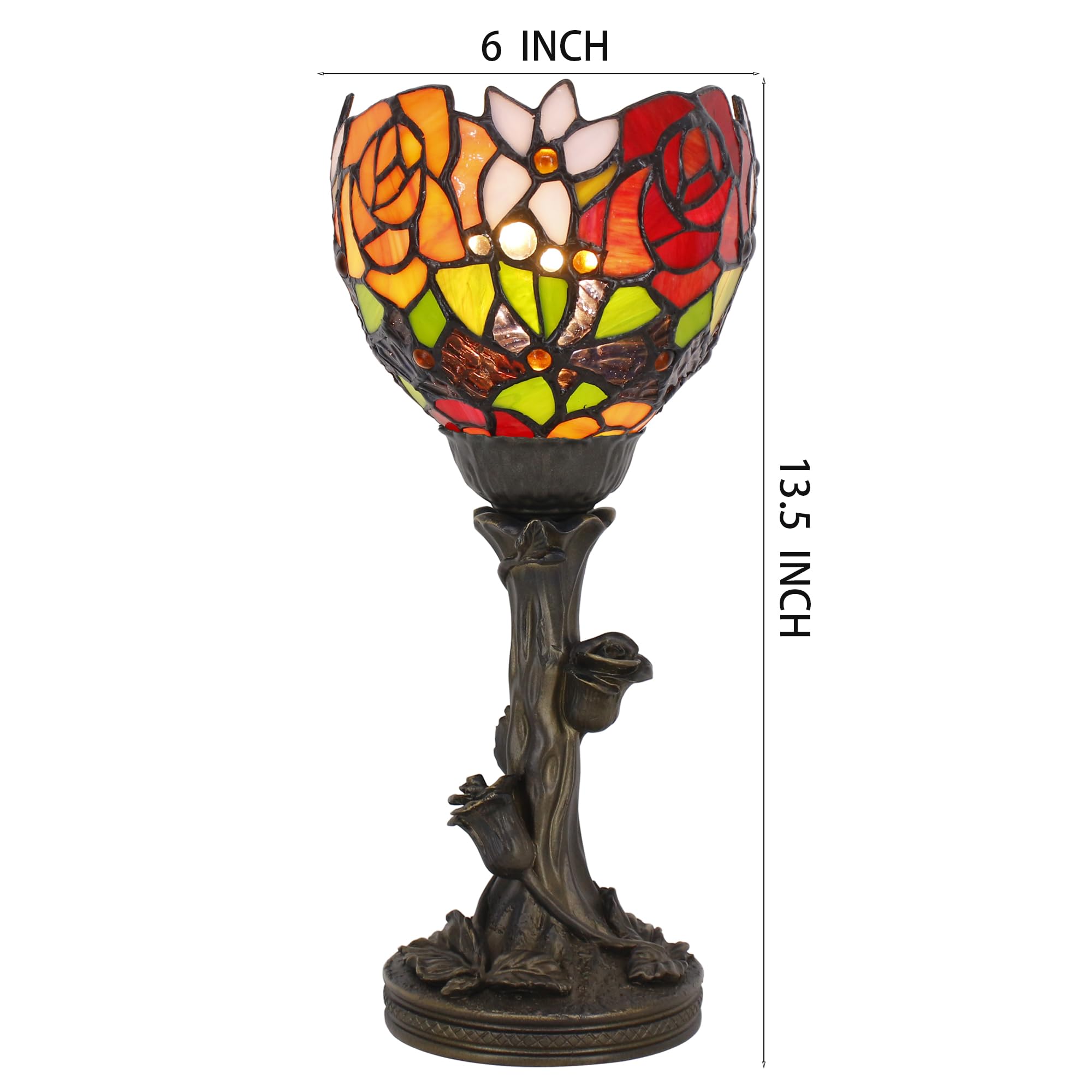 Avivadirect Small Tiffany Lamp Mini Stained Glass Table Lamp Red Rose Accent Desk Uplight W6H 13.5 Inch Bronze Resin Base