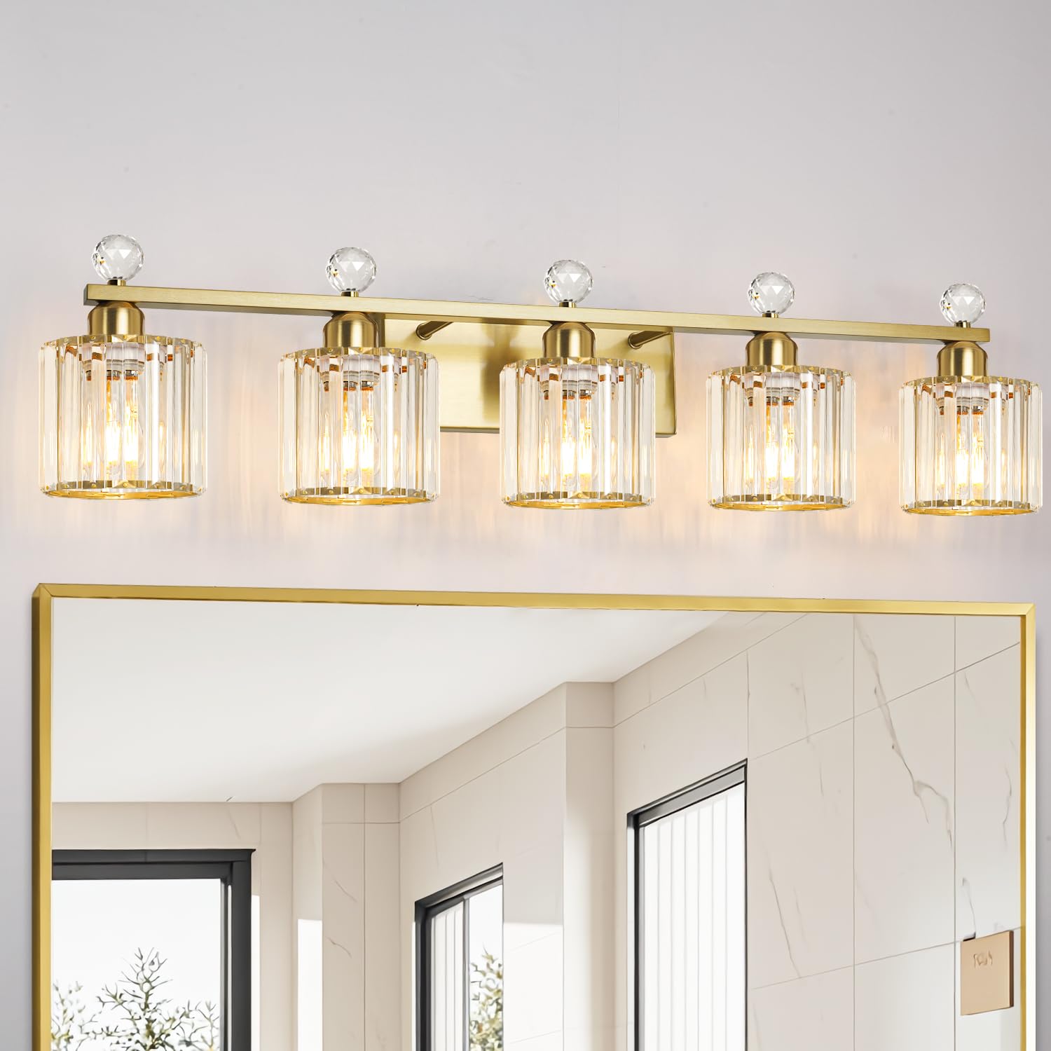 Bathroom Vanity Light Fixtures 5-lights  Gold Crystal Vanity Lights for Bath  Bathroom Lights Fixture with Clear Crystal Glass Shade  Modern Wall Light over Mirror  Wall Sconces Light for Hallway