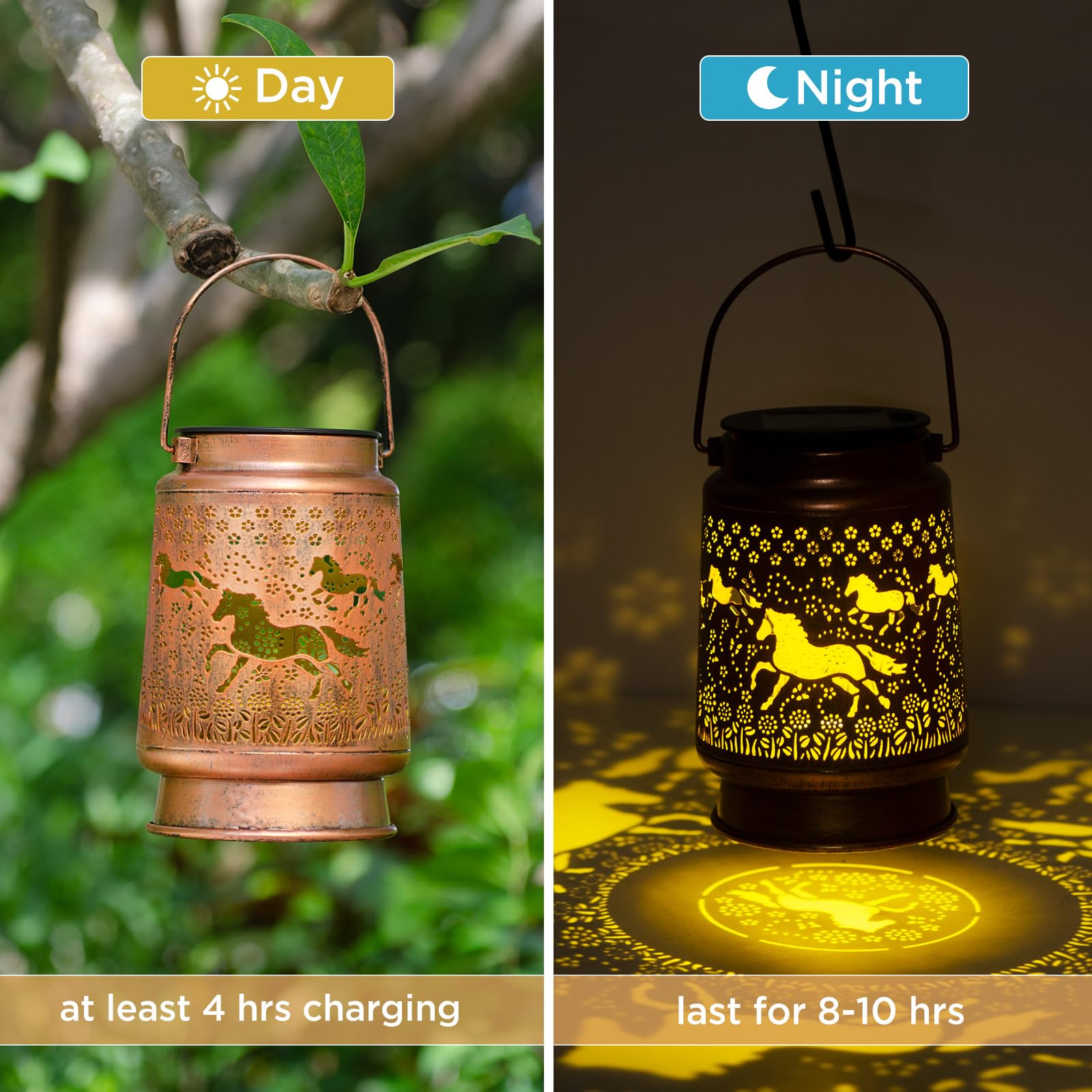 KIKUSUI Solar Lanterns for Outdoor Decor, Metal LED Lanterns, Warm White Horses, Model D7-DL12