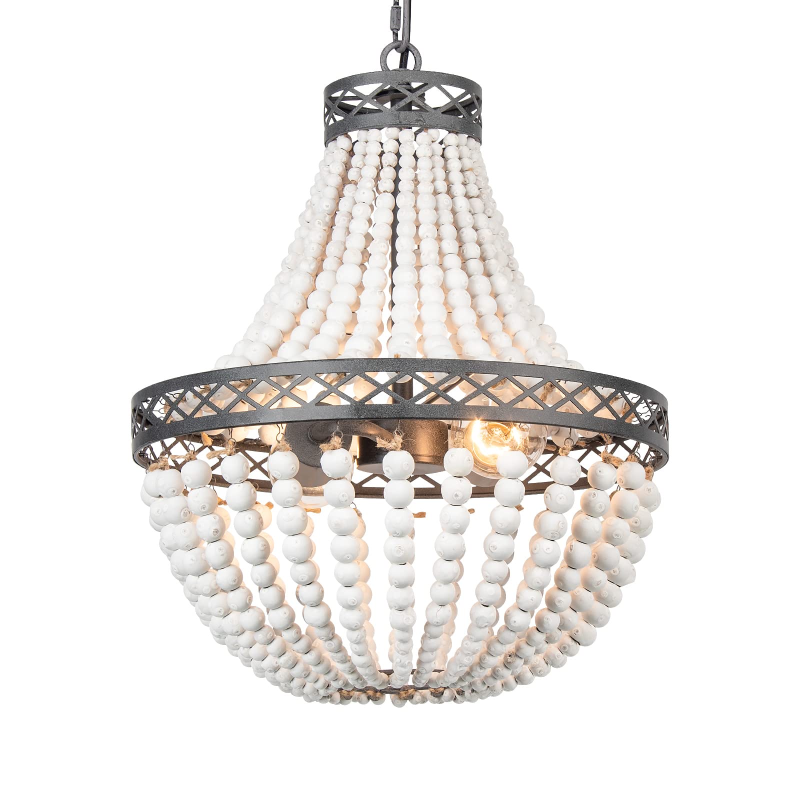 Firvre Wood Beaded Chandelier - Rustic Vintage Boho Light Fixture For Living Room & Kitchen