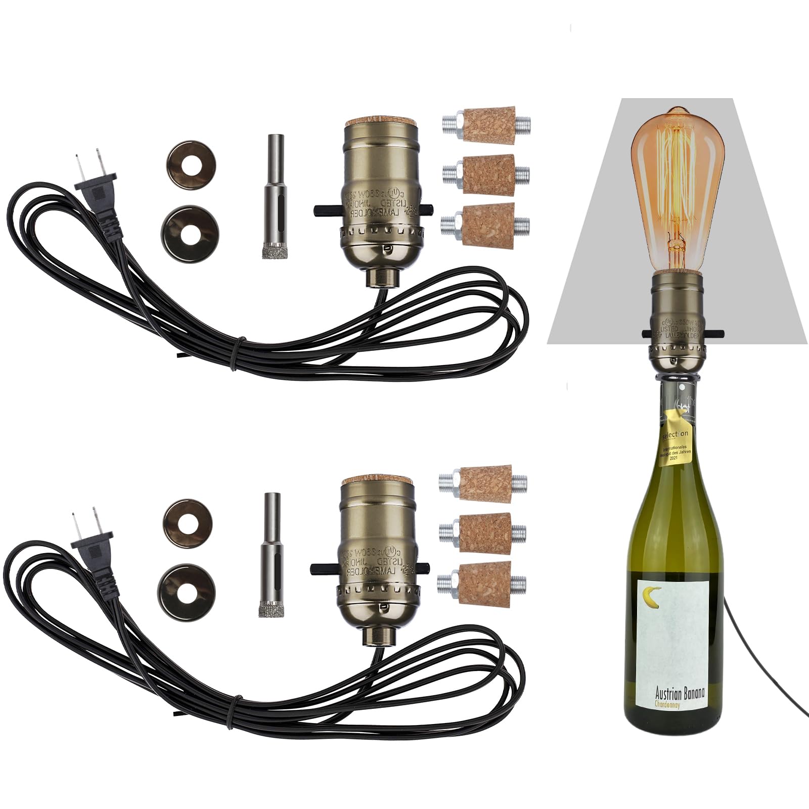 Aokpsrt Bottle Lamp Kit with 9mm Glass Drill Bit, 8ft Power Cord, Bronze, 2-Packs, Model W-DDT-Bronze-2p