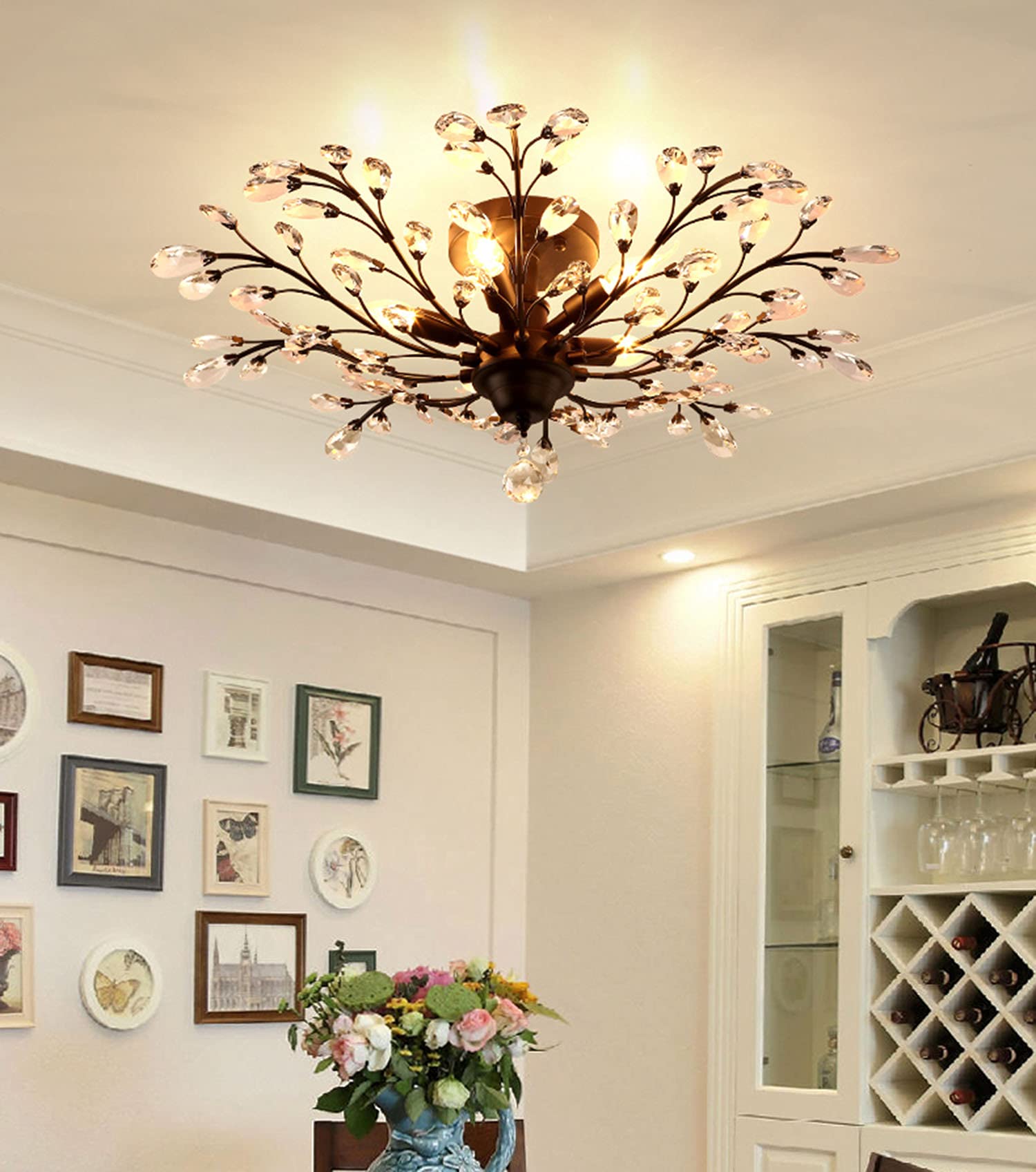 Ganeed Crystal Ceiling Light Chandelier, 5-Light Flush Mount Fixture, Modern Black Iron & K9 Crystal, Model GLM-XDD-5B