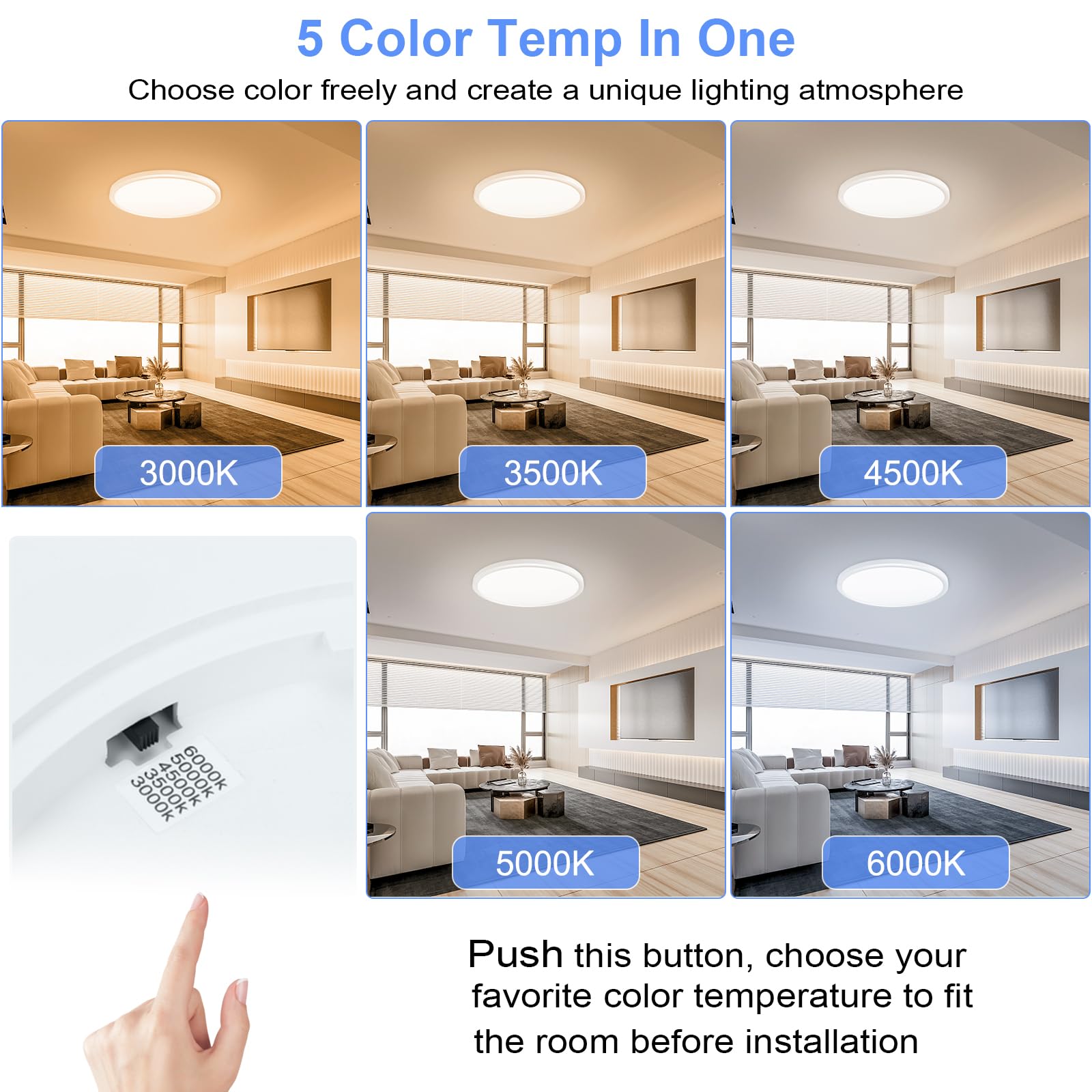 Hunhun 6 Pack 16 Inch Dimmable Led Flush Mount Ceiling Light 4800Lm Round Light Fixture 5 Color Temperature Selectable Large Fla