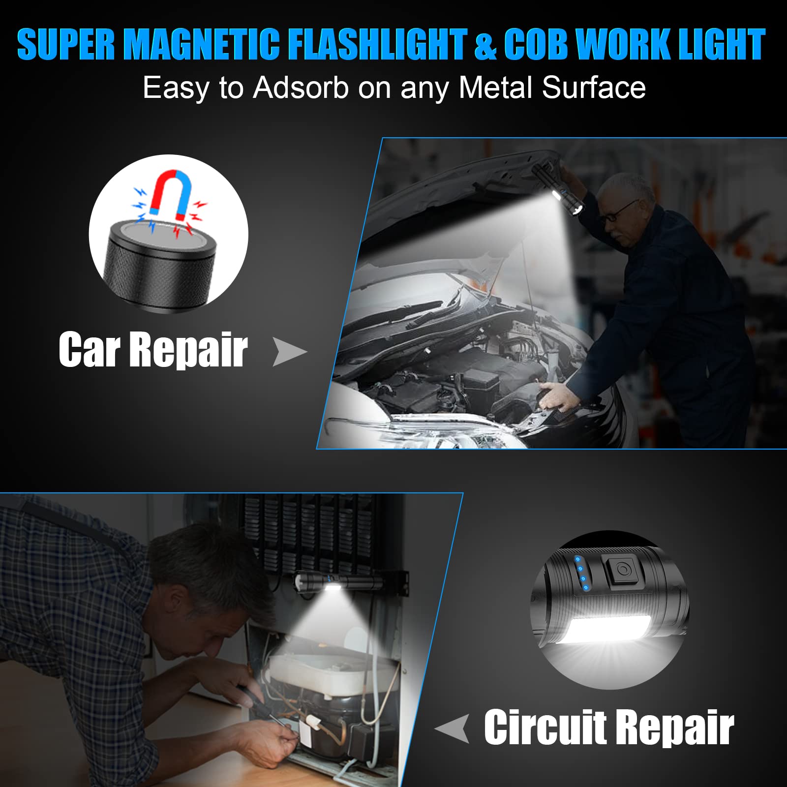 Led Magnetic Flashlight High Lumens Rechargeable, Super Bright Small Tactical Flashlights With Cob Work Light, Type C, Zoomable,
