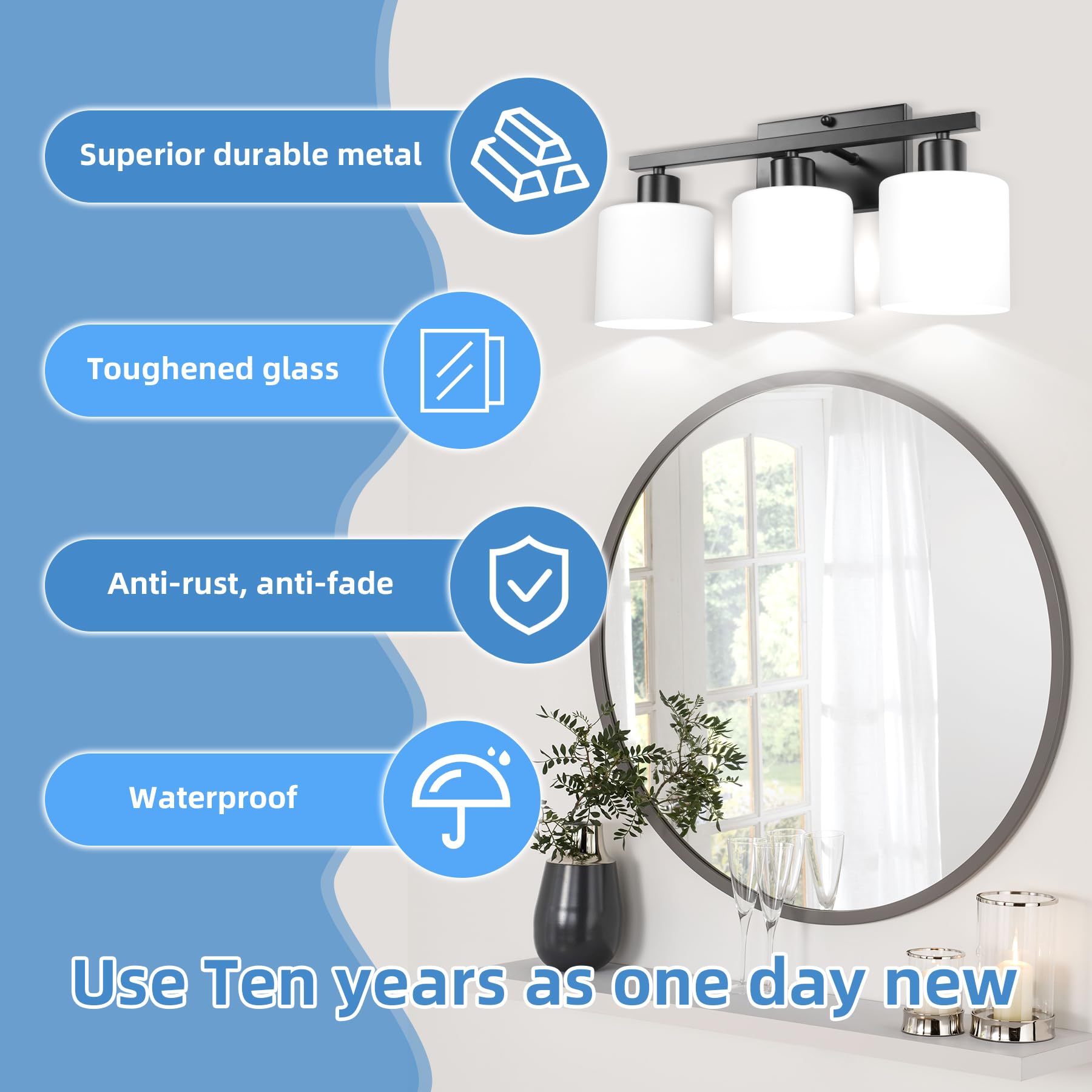 SILAMPDI 3-Light Bathroom Light Fixture, Metal Wall Sconces, Black Finish, Milky White Glass Shades, Model SLD-JQD-B-01