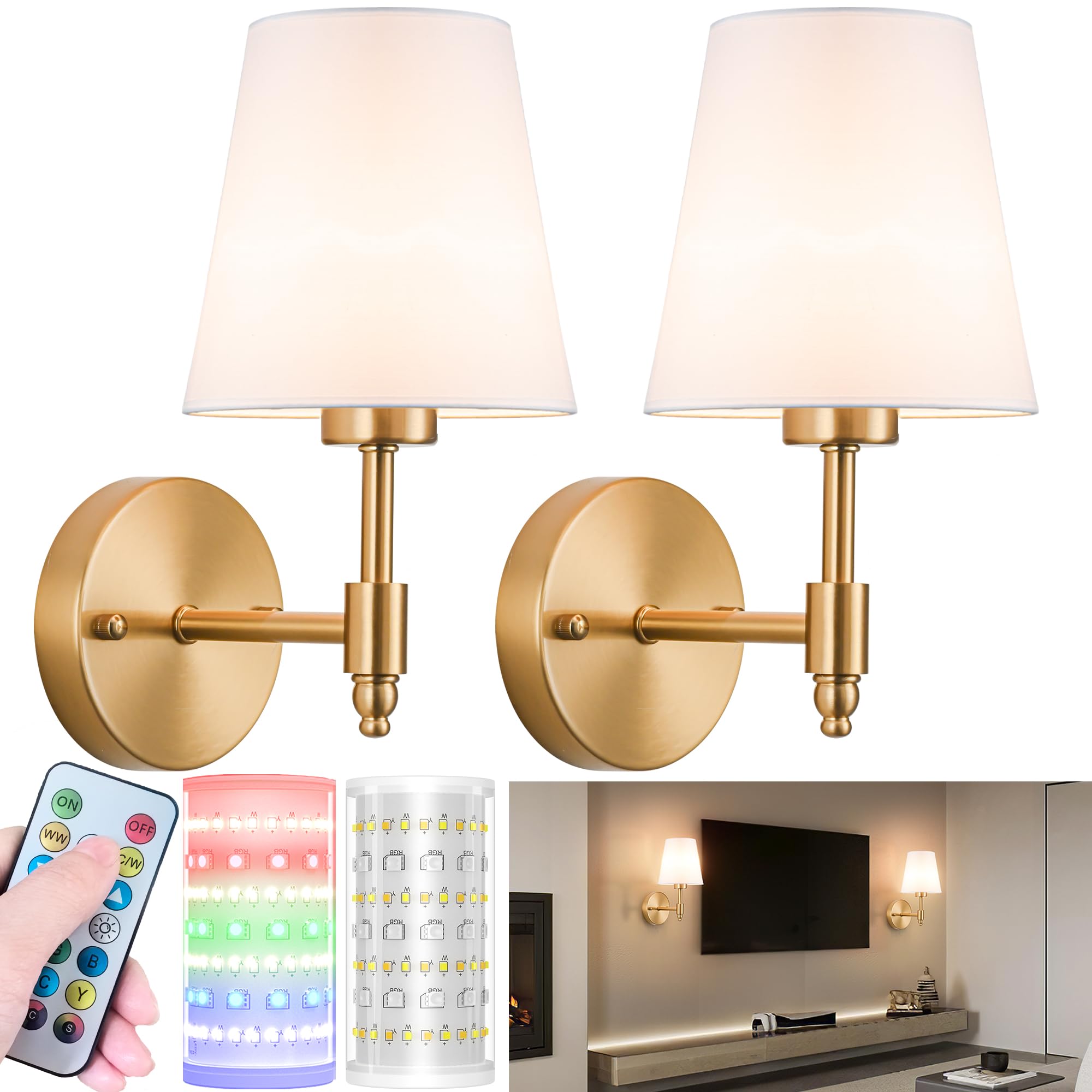 Battery Operated Wall Sconces Set Of Two, Wireless Battery Wall Light With 10000Mah Rgb Rechargeable Magnetic Bulb, Rechargeable